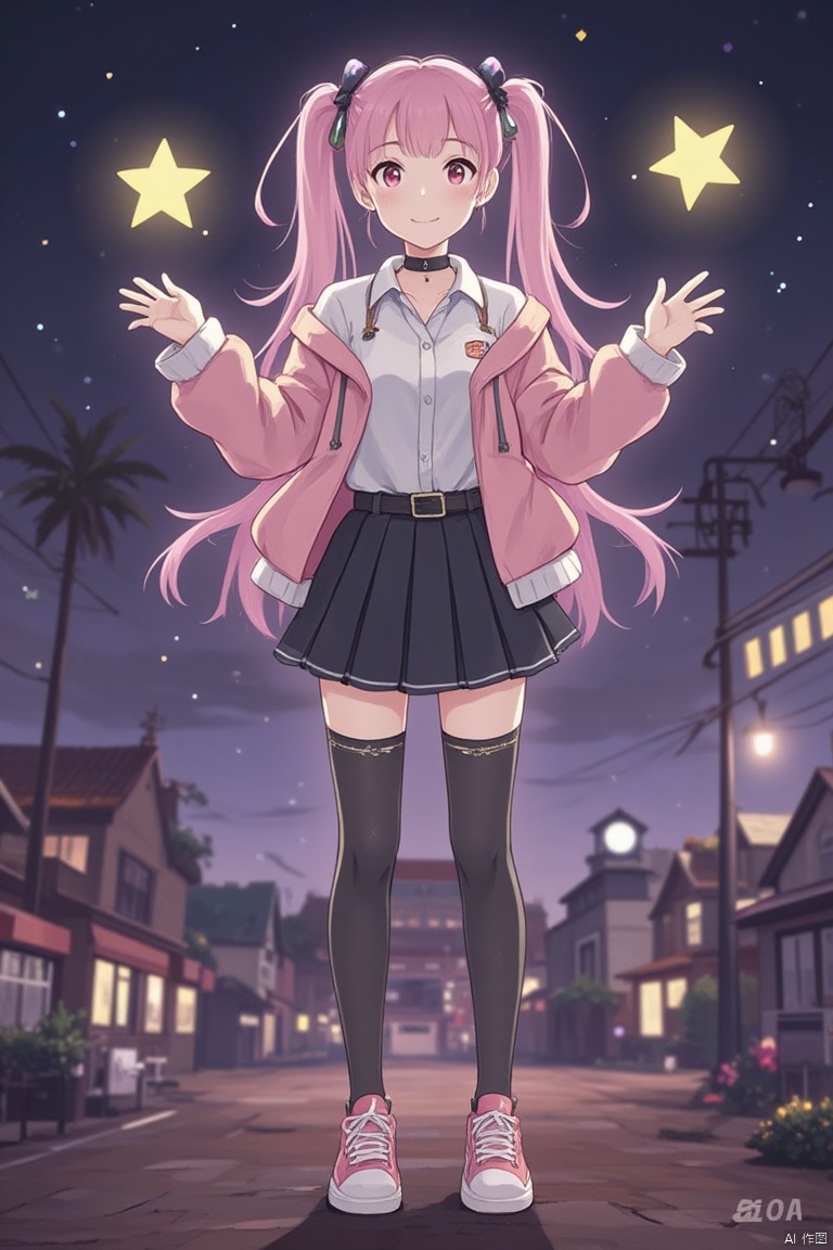1girl, solo, long hair, looking at viewer, smile, bangs, skirt, shirt, hair ornament, red eyes, thighhighs, long sleeves, twintails, closed mouth, standing, jacket, full body, white shirt, pink hair, pleated skirt, open clothes, shoes, choker, belt, black thighhighs, miniskirt, black skirt, pink eyes, star \(symbol\), open jacket, sleeves past wrists, glowing, sneakers, pink footwear, pink jacket, star print