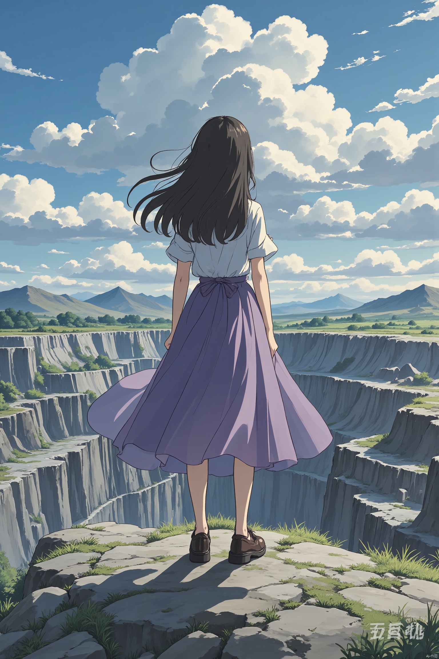A  girl in a purple, translucent dress stood on the edge of the mine, the breeze blowing his long hair, looking down into the bottomless pit. The clouds drifted lazily across the blue sky, their backs to the camera, lost in thought. The cratered terrain spread out before him and faded into the distance.