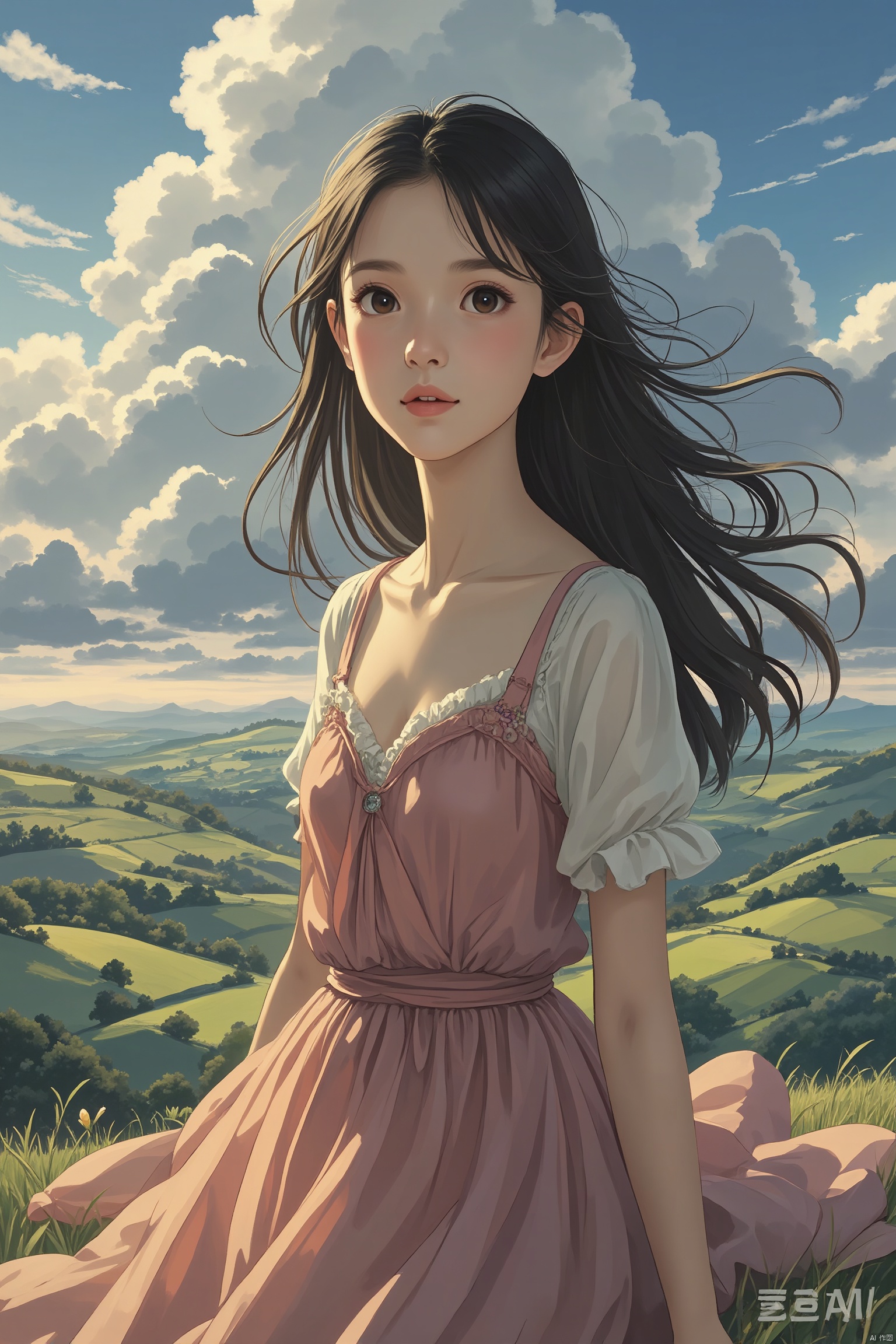 A masterpiece of digital painting, showcasing a breathtakingly beautiful young woman in a stunning flowy dress, set against the backdrop of a serene landscape with rolling hills and dramatic clouds. Shot from an extremely high angle, the fisheye lens captures every intricate detail of her features, including her adorable face, deep-set eyes, and flowing hair. The lighting is cinematic, with high contrast between the soft, ethereal clouds and the sharp focus on the subject's skin tones. The overall effect is photorealistic, with an astonishing level of detail and a sense of depth that draws the viewer in.
