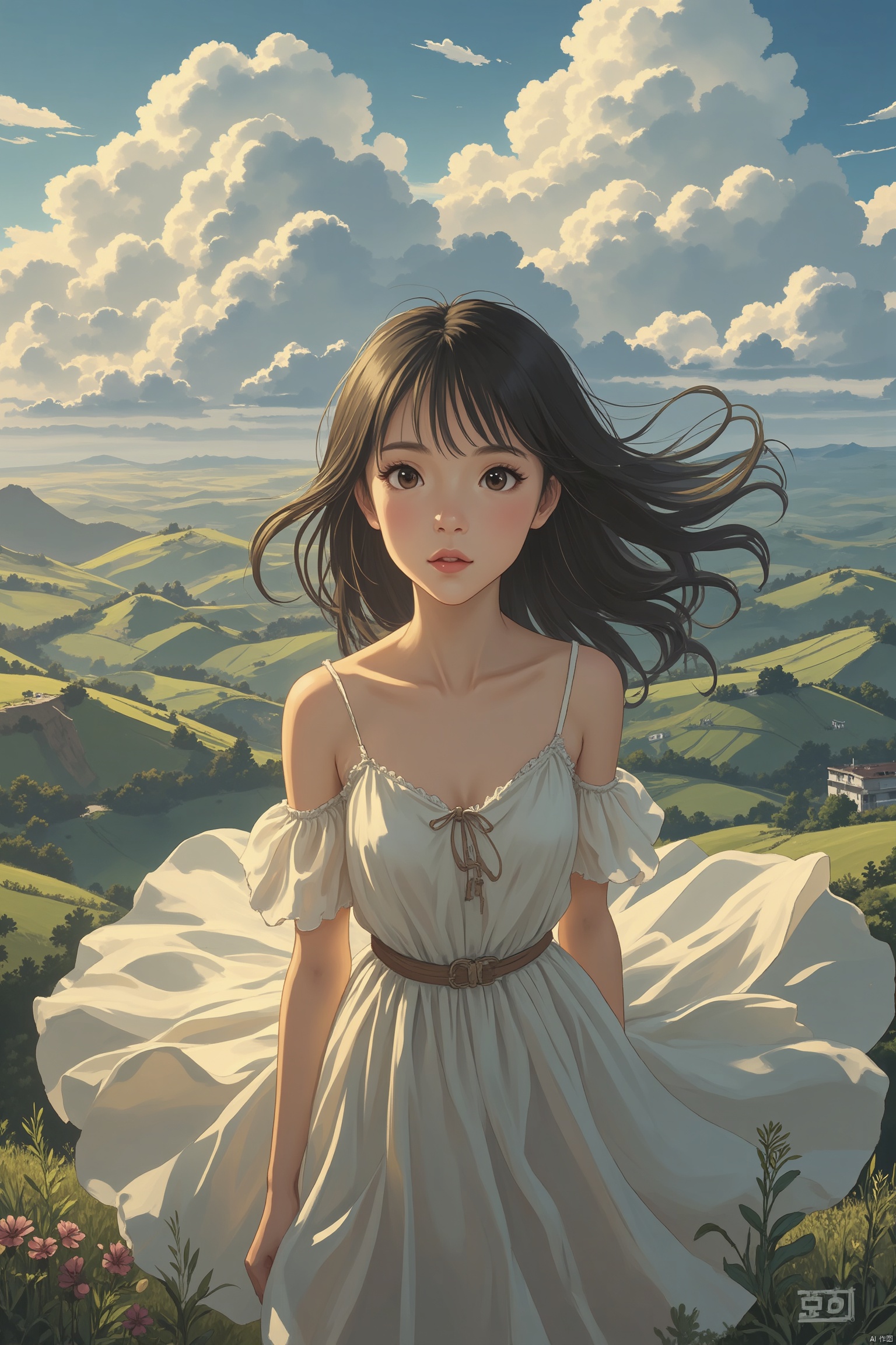 A masterpiece of digital painting, showcasing a breathtakingly beautiful young woman in a stunning flowy dress, set against the backdrop of a serene landscape with rolling hills and dramatic clouds. Shot from an extremely high angle, the fisheye lens captures every intricate detail of her features, including her adorable face, deep-set eyes, and flowing hair. The lighting is cinematic, with high contrast between the soft, ethereal clouds and the sharp focus on the subject's skin tones. The overall effect is photorealistic, with an astonishing level of detail and a sense of depth that draws the viewer in.
