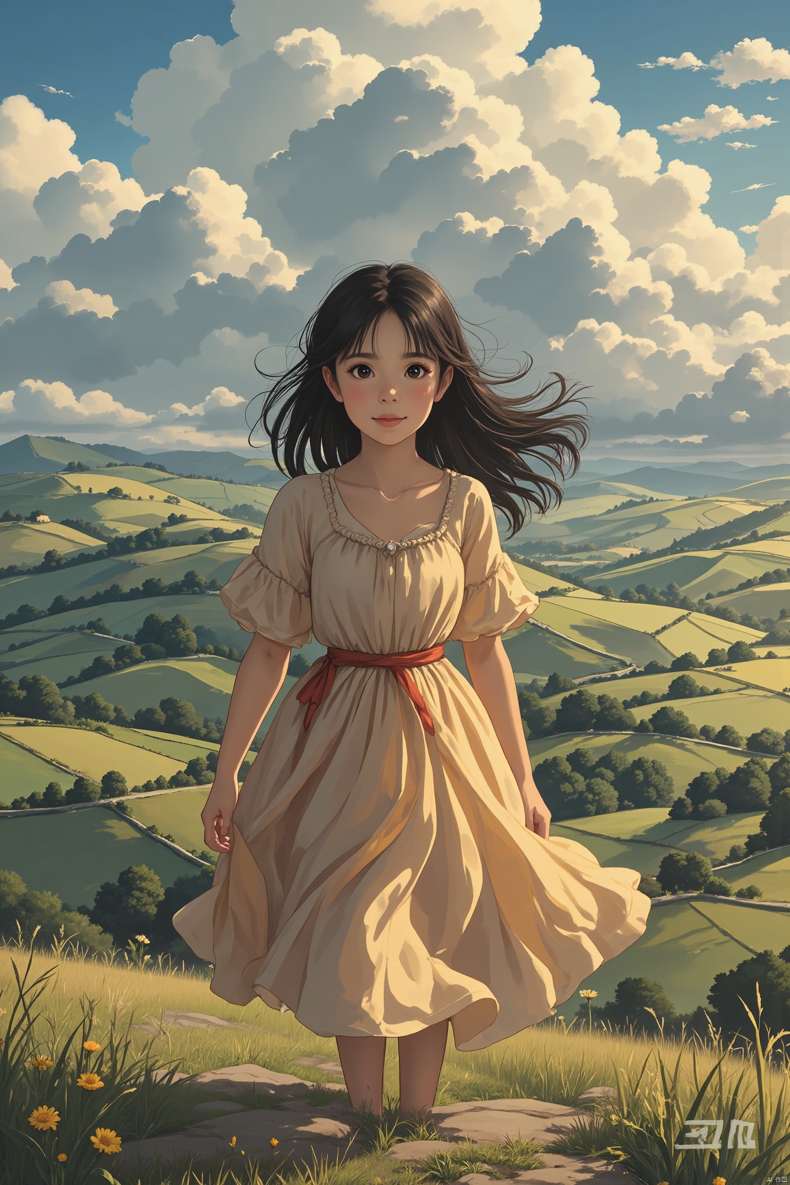 A masterpiece of digital painting, showcasing a breathtakingly beautiful young woman in a stunning flowy dress, set against the backdrop of a serene landscape with rolling hills and dramatic clouds. Shot from an extremely high angle, the fisheye lens captures every intricate detail of her features, including her adorable face, deep-set eyes, and flowing hair. The lighting is cinematic, with high contrast between the soft, ethereal clouds and the sharp focus on the subject's skin tones. The overall effect is photorealistic, with an astonishing level of detail and a sense of depth that draws the viewer in.