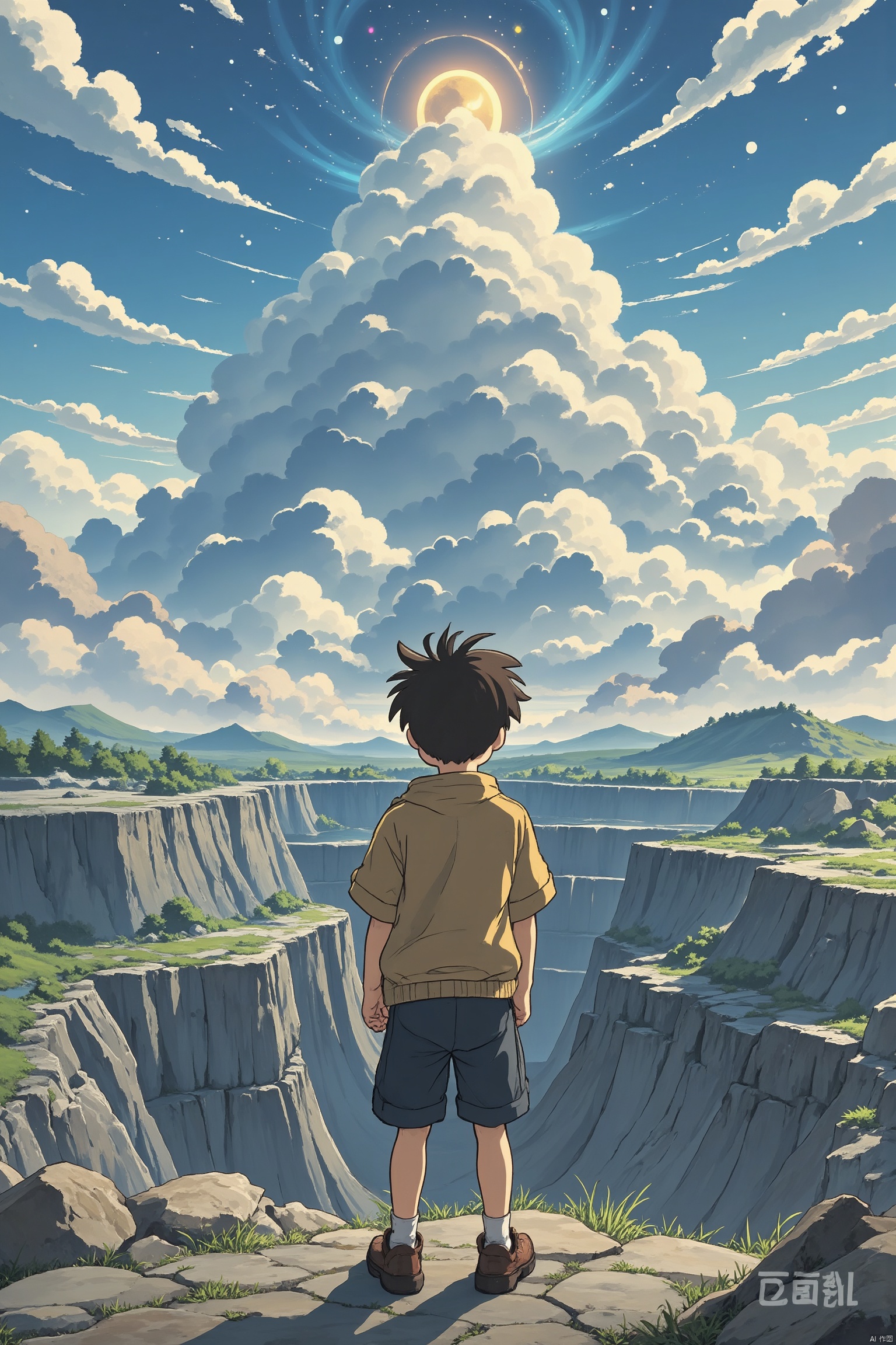A young boy stands at the edge of a mine pit, looking up towards the celestial city in the sky. Clouds drift lazily across the blue heavens as he gazes out, his back to the camera, lost in thought. The mine pit's rugged terrain stretches out before him, fading into the distance.