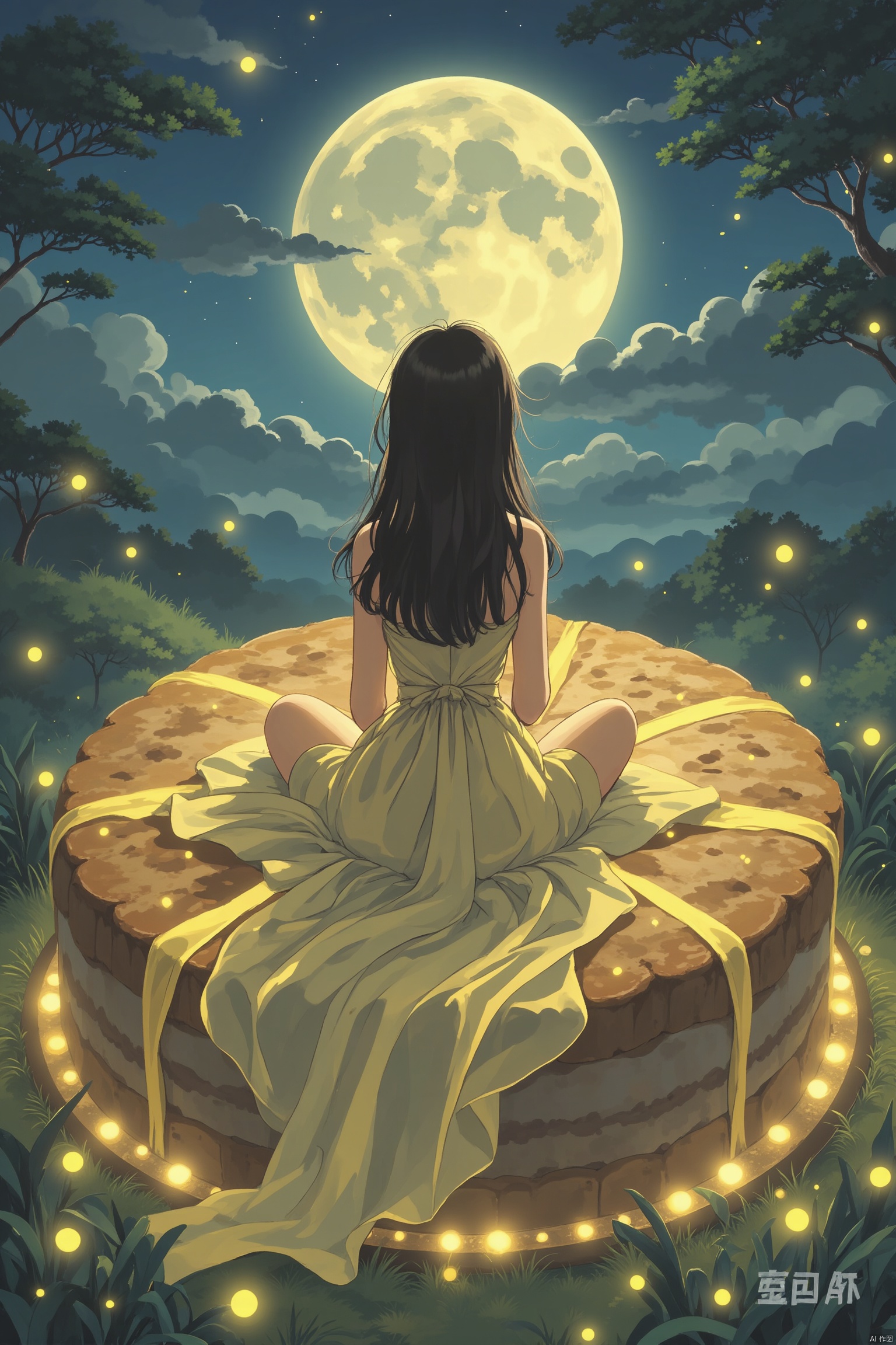 A young girl sits majestically on a colossal mooncake, her legs bare and radiant in the soft glow of night. Her translucent yellow gown flows like a river behind her, as long hair drifts lazily in the air. With backlit profile, she gazes wistfully at the distant full moon, surrounded by twinkling fireflies on this enchanting evening.