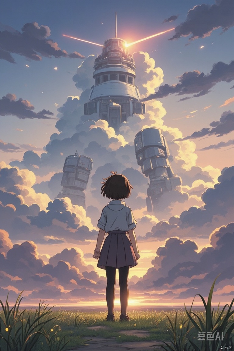 1girl, solo, short hair, brown hair, standing, outdoors, sky, cloud, glowing, cloudy sky, grass, robot, scenery, science fiction, sunset
