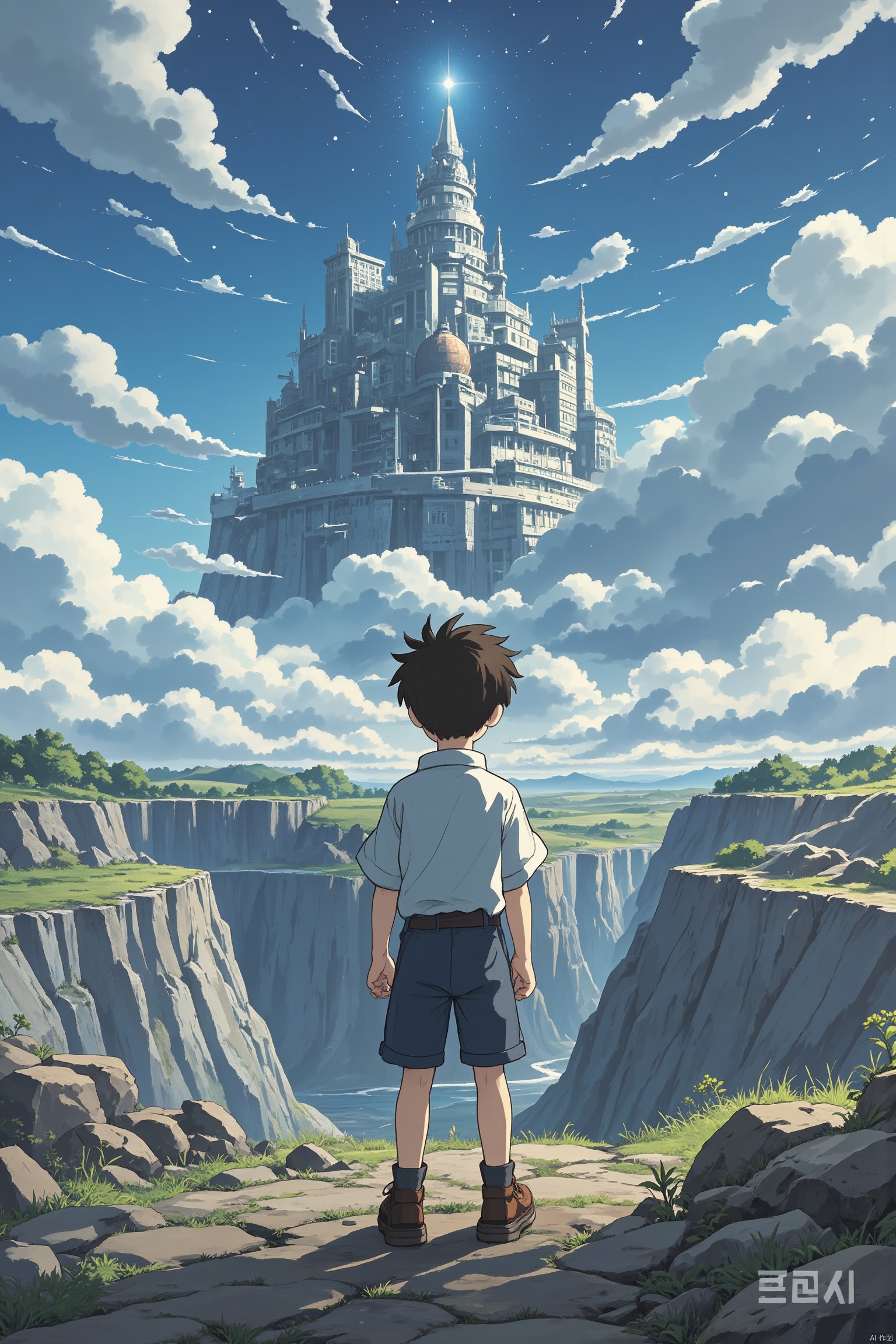 A young boy stands at the edge of a mine pit, looking up towards the celestial city in the sky. Clouds drift lazily across the blue heavens as he gazes out, his back to the camera, lost in thought. The mine pit's rugged terrain stretches out before him, fading into the distance.