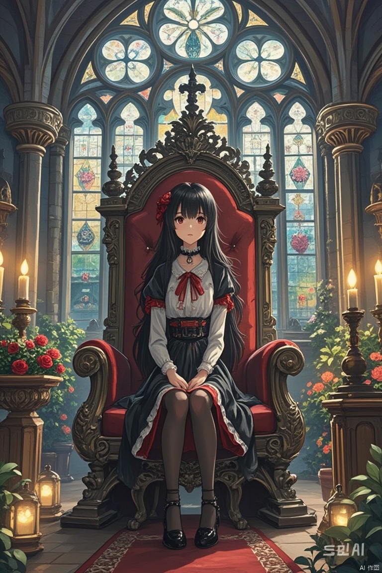 masterpiece, ((best quality)), (ultra-detailed), (illustration), an extremely delicate and beautiful girl, dynamic angle, chromatic aberration, ((colorful)),//,1girls,loli,(petite child:1.1),//,(in Gothic castle),girl with black hair,red eyes,Vertical pupil,long hair,hair arrangement,(Detailed face description),(batwing),(Gothic Lolita),(bat tail),alccandlestick,Cathedral glass,,short skirt,black pantyhose,red lace,high heels,rose tattoo,throne,sitting,crossed legs