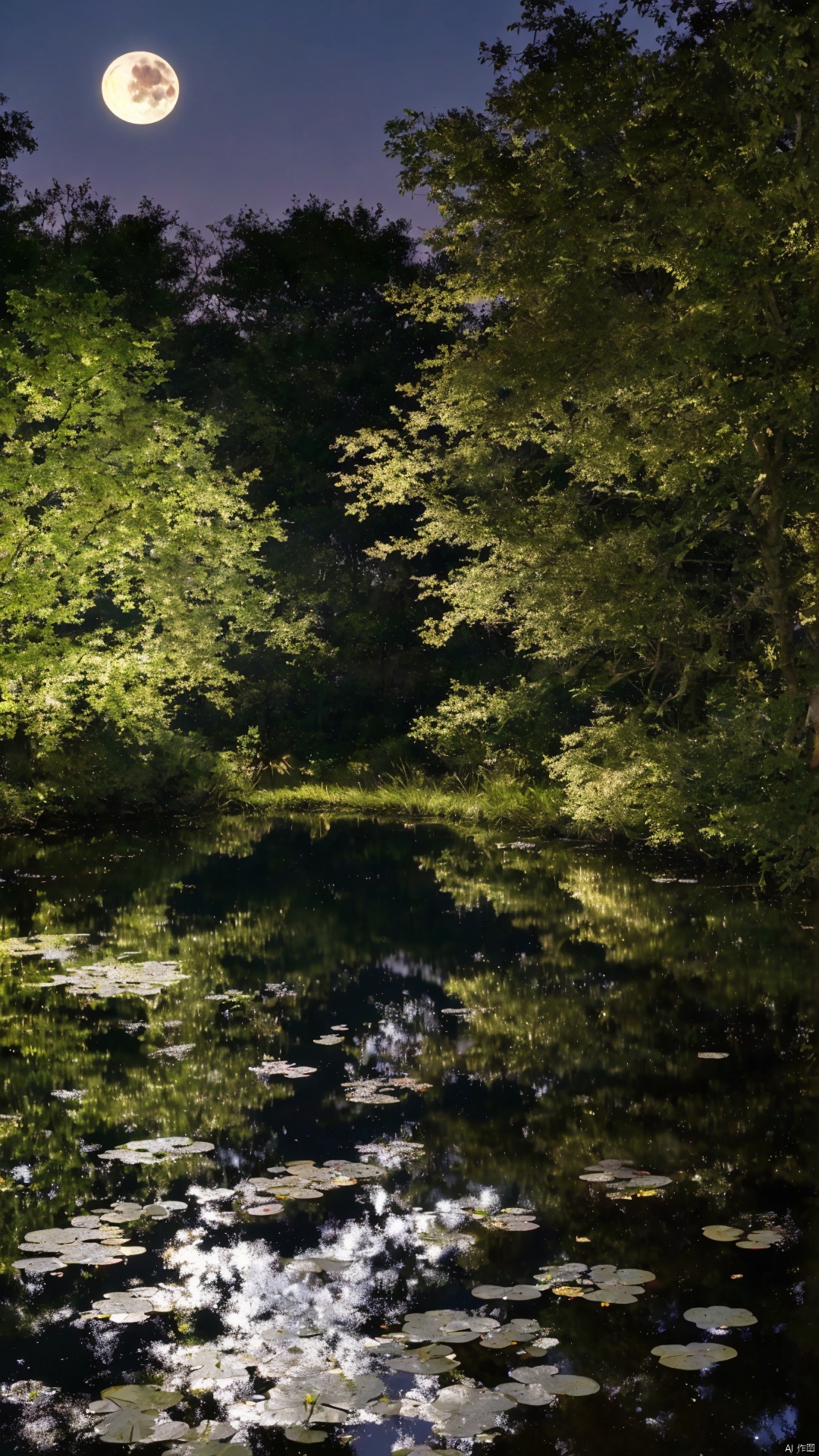 A serene moonlit courtyard scene: Softly lit trees cast dappled shadows on the ground, where leaves rustle and light spots sway in harmony with the gentle breeze. In the pond's glassy surface, the moon's reflection shimmers, its silhouette rippling with subtle water waves, as if painted with silver ink.