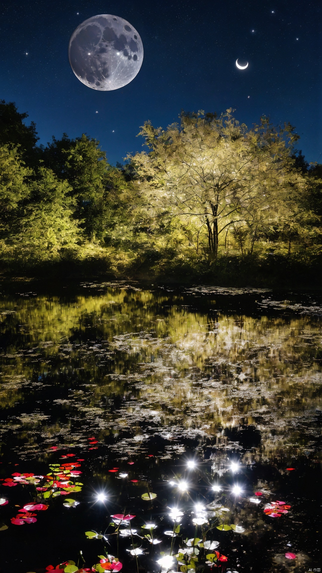 A serene courtyard scene: soft focus on the tree silhouettes dancing across the ground as moonbeams filter through leaves, casting tiny pools of light. Leaves rustle gently in the breeze, their sway harmonious with the lunar dots. In the pond's calm surface, a mirrored reflection of the moon shines bright, its shadow rippling softly with water waves, evoking a silver-hued ink painting effect.