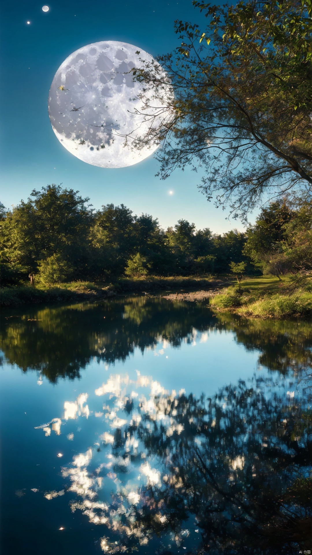 A serene moonlit courtyard scene: Softly lit trees cast dappled shadows on the ground, where leaves rustle and light spots sway in harmony with the gentle breeze. In the pond's glassy surface, the moon's reflection shimmers, its silhouette rippling with subtle water waves, as if painted with silver ink.