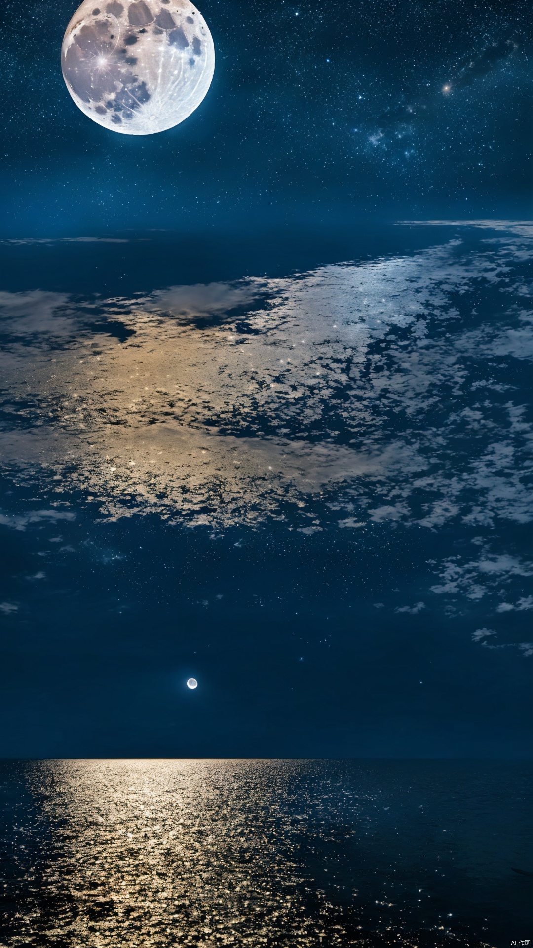 Looking up at the sky, the bright moon is exceptionally bright, dotted with a few looming stars. The moonlight is like water, gently shining on your body, bringing a sense of tranquility and tranquility, making people immersed in this beautiful moonscape and forgetting the hustle and bustle of the world.moon.