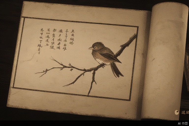 A little bird on the branch, drawn on a worn book,yingshen