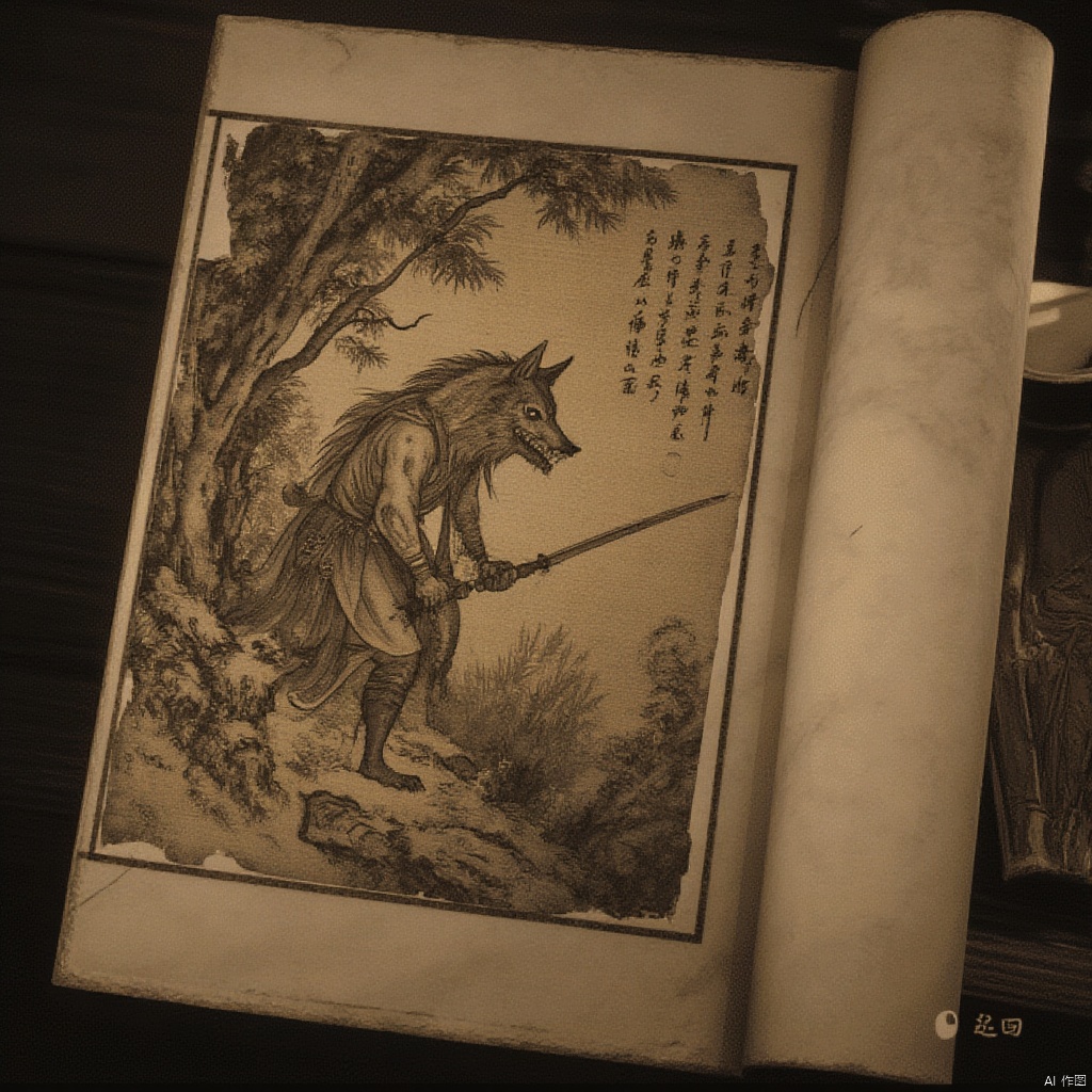 In a tattered and ancient book is depicted a wolf-headed hunter silently tracking his prey in the dense forest.yingshen