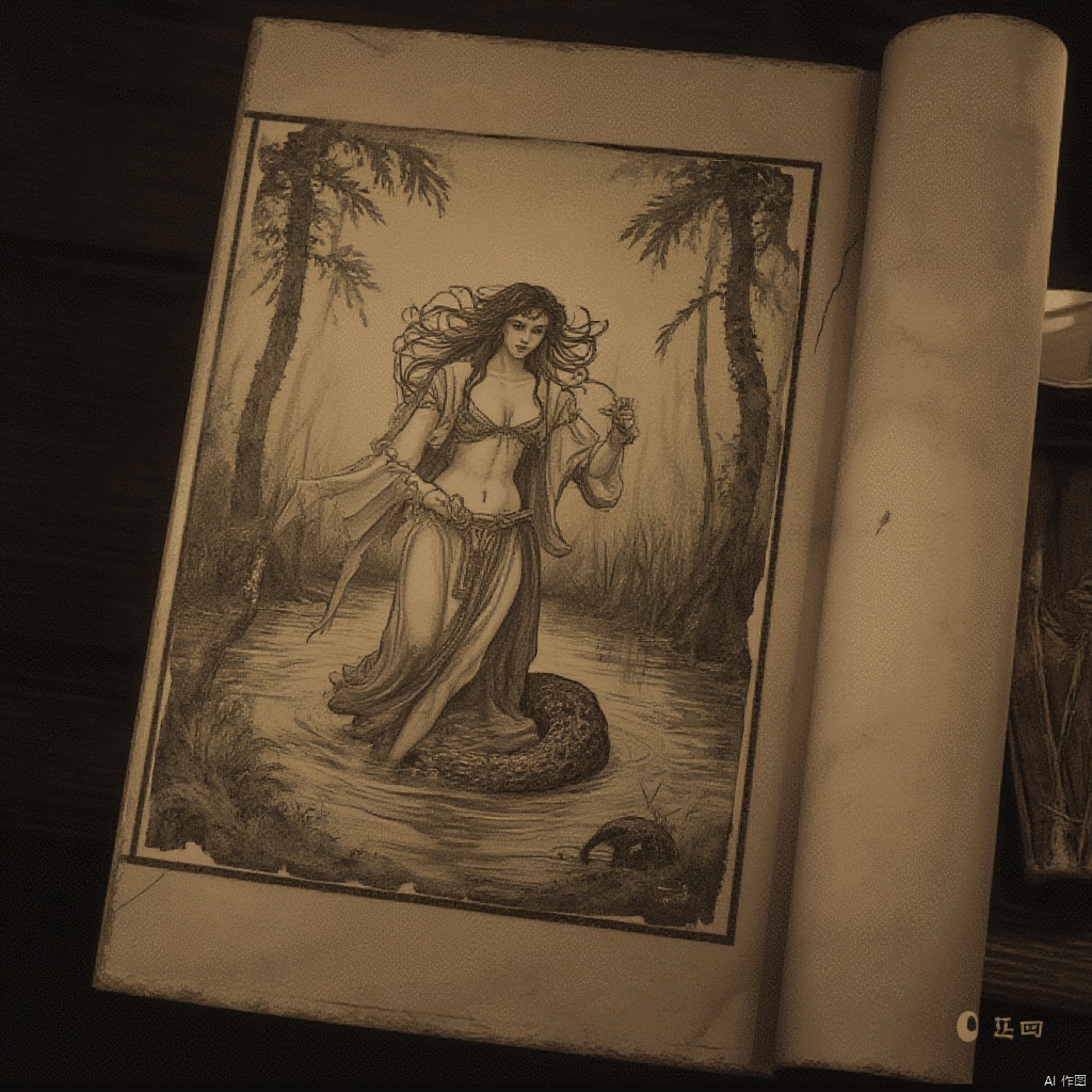 A worn and quaint book depicts a beautiful woman with a coiled serpent's tail working her magic in a swamp.