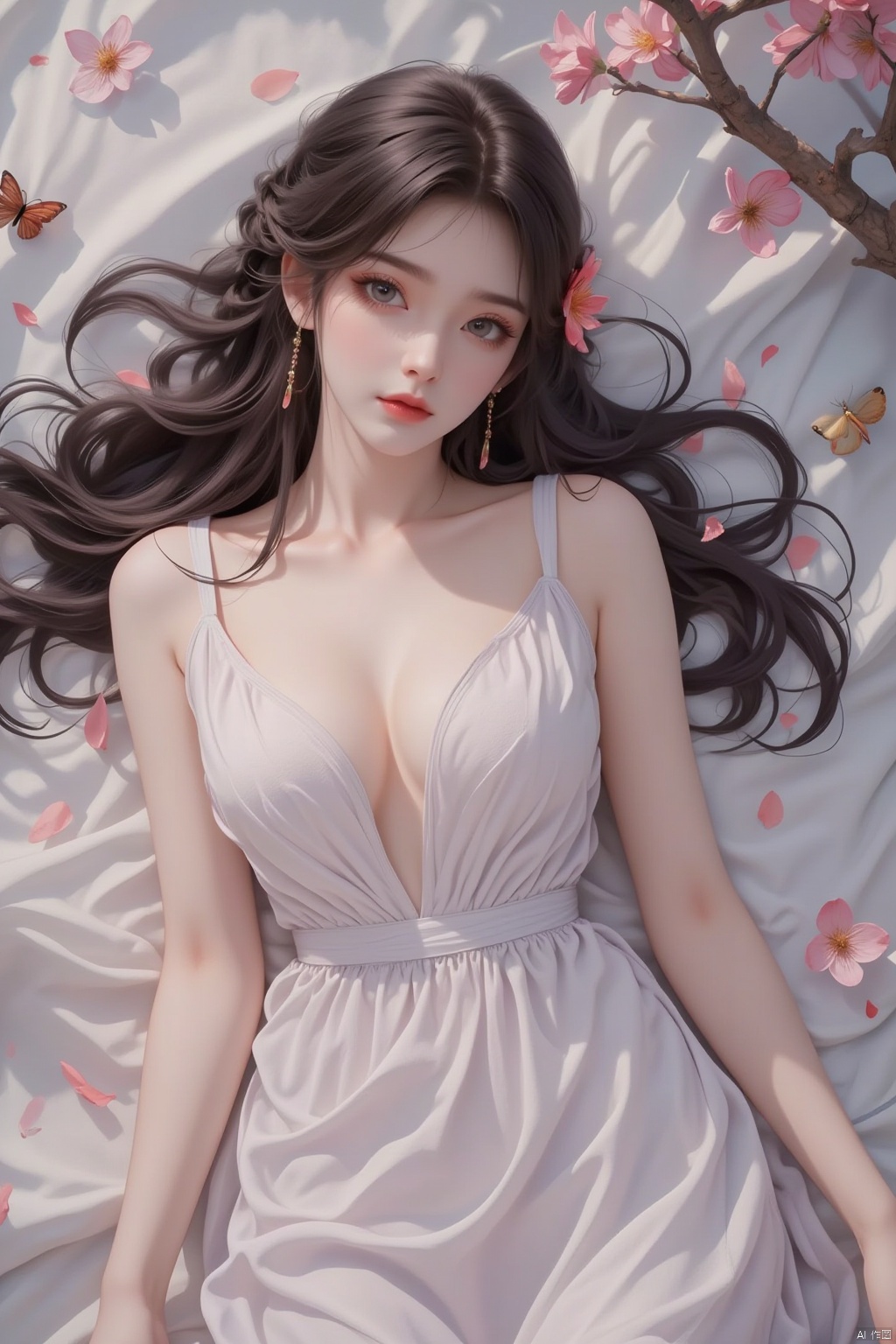  8K image.black hair,GG,1girl, solo, long hair, brown hair, hair ornament, dress, jewelry, flower, earrings, lying, white dress, petals, on side, bug, butterfly, branch