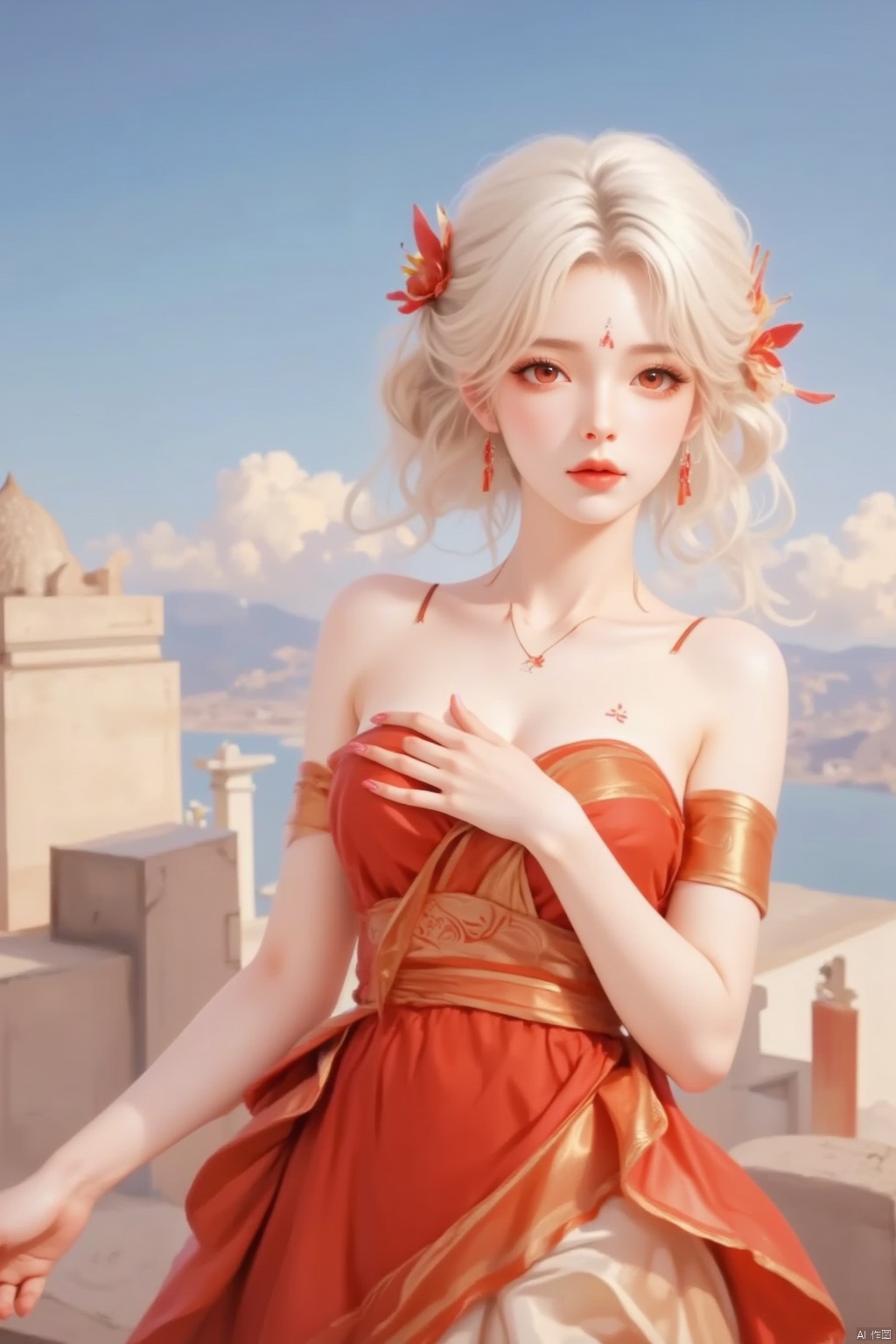 1girl, solo, breasts, looking at viewer, hair ornament, red eyes, dress, bare shoulders, jewelry, collarbone, upper body, white hair, earrings, outdoors, parted lips, detached sleeves, sky, day, cloud, blue sky, sash, strapless, tattoo, facial mark, red dress, hand on own chest, strapless dress, forehead mark, sun, red lips
