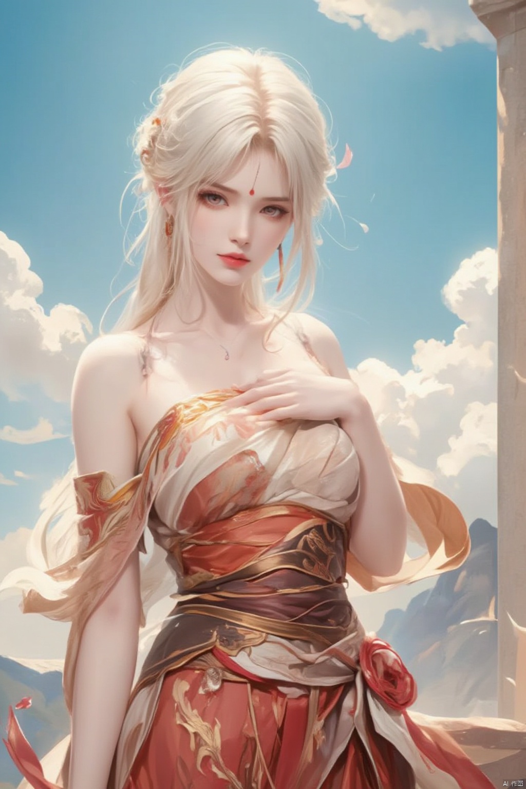 1girl, solo, breasts, looking at viewer, hair ornament, red eyes, dress, bare shoulders, jewelry, collarbone, upper body, white hair, earrings, outdoors, parted lips, detached sleeves, sky, day, cloud, blue sky, sash, strapless, tattoo, facial mark, red dress, hand on own chest, strapless dress, forehead mark, sun, red lips