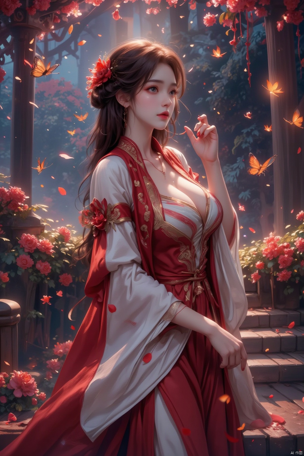 masterpiece,best quality,extremely high detailed,intricate,8k,HDR,wallpaper,cinematic lighting,(universe:1.4),Huge chest,,GF,火灵儿Flux-起风了,1girl, solo, long hair, breasts, brown hair, black hair, hair ornament, long sleeves, dress, cleavage, jewelry, flower, earrings, wide sleeves, petals, chinese clothes, bug, butterfly, stairs, falling petals
