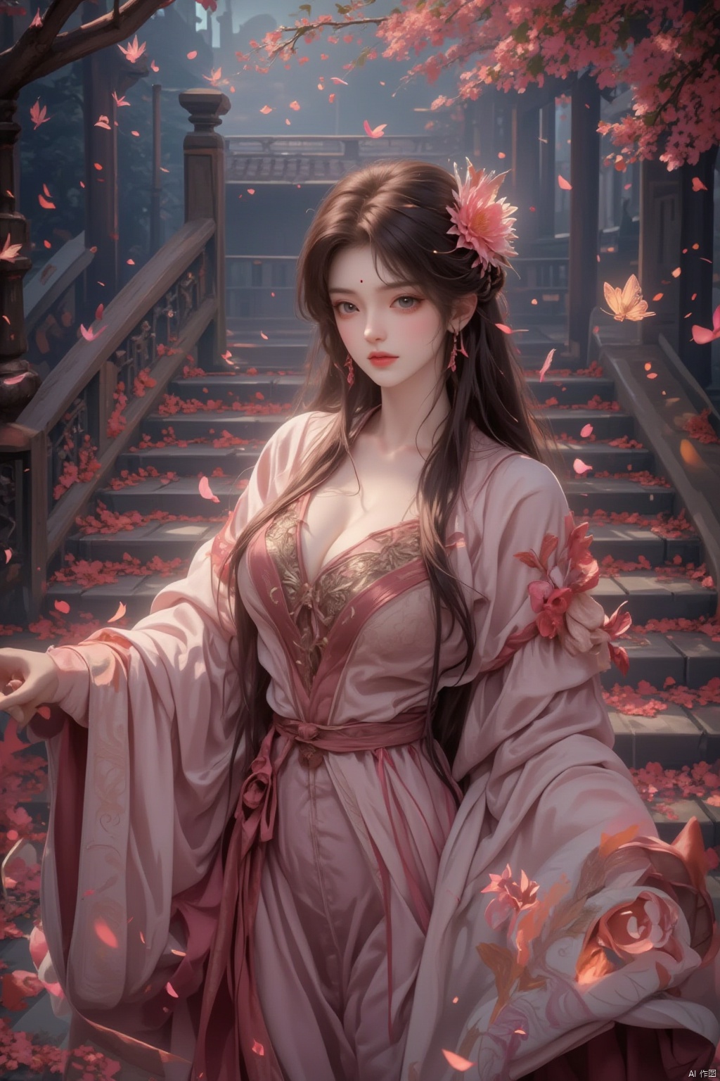 masterpiece,best quality,extremely high detailed,intricate,8k,HDR,wallpaper,cinematic lighting,(universe:1.4),Huge chest,,GF,火灵儿Flux-起风了,1girl, solo, long hair, breasts, brown hair, black hair, hair ornament, long sleeves, dress, cleavage, jewelry, flower, earrings, wide sleeves, petals, chinese clothes, bug, butterfly, stairs, falling petals