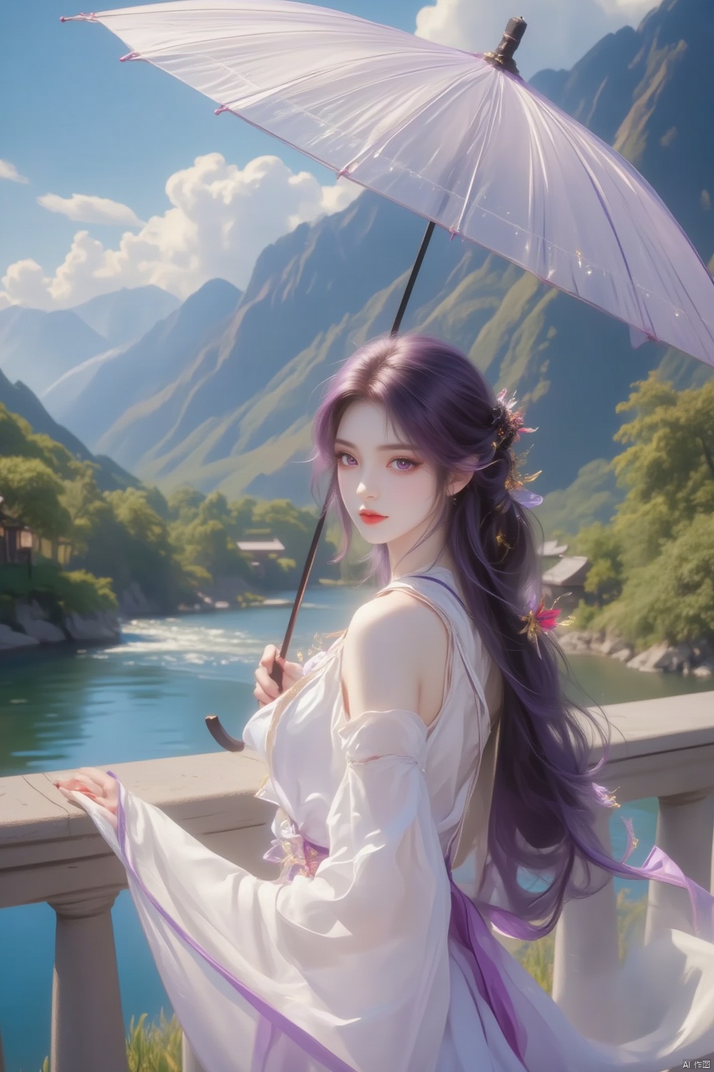 Capture a stunning 8K image of 火灵儿(Huo Ling Er) Flux standing solo on a picturesque bridge overlooking serene waters and lush greenery. She sports vibrant purple hair adorned with sparkling ornaments, paired with a flowing white dress and holding an umbrella against the gentle breeze. Her mesmerizing purple eyes lock onto the viewer as she gazes into the distance, surrounded by long black locks that cascade down her back. A delicate flower rests in her hand, complemented by a matching necklace. The warm light of a sunny day casts a romantic glow on this idyllic scene.