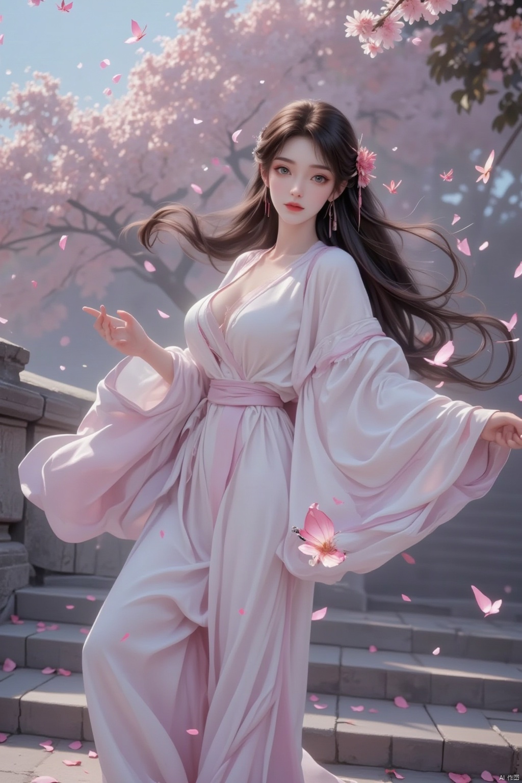  8K image.black hair,GG,1girl, solo, long hair, breasts, brown hair, black hair, hair ornament, long sleeves, dress, cleavage, jewelry, flower, earrings, wide sleeves, petals, chinese clothes, bug, butterfly, stairs, falling petals,起风了古风,chinese clothes