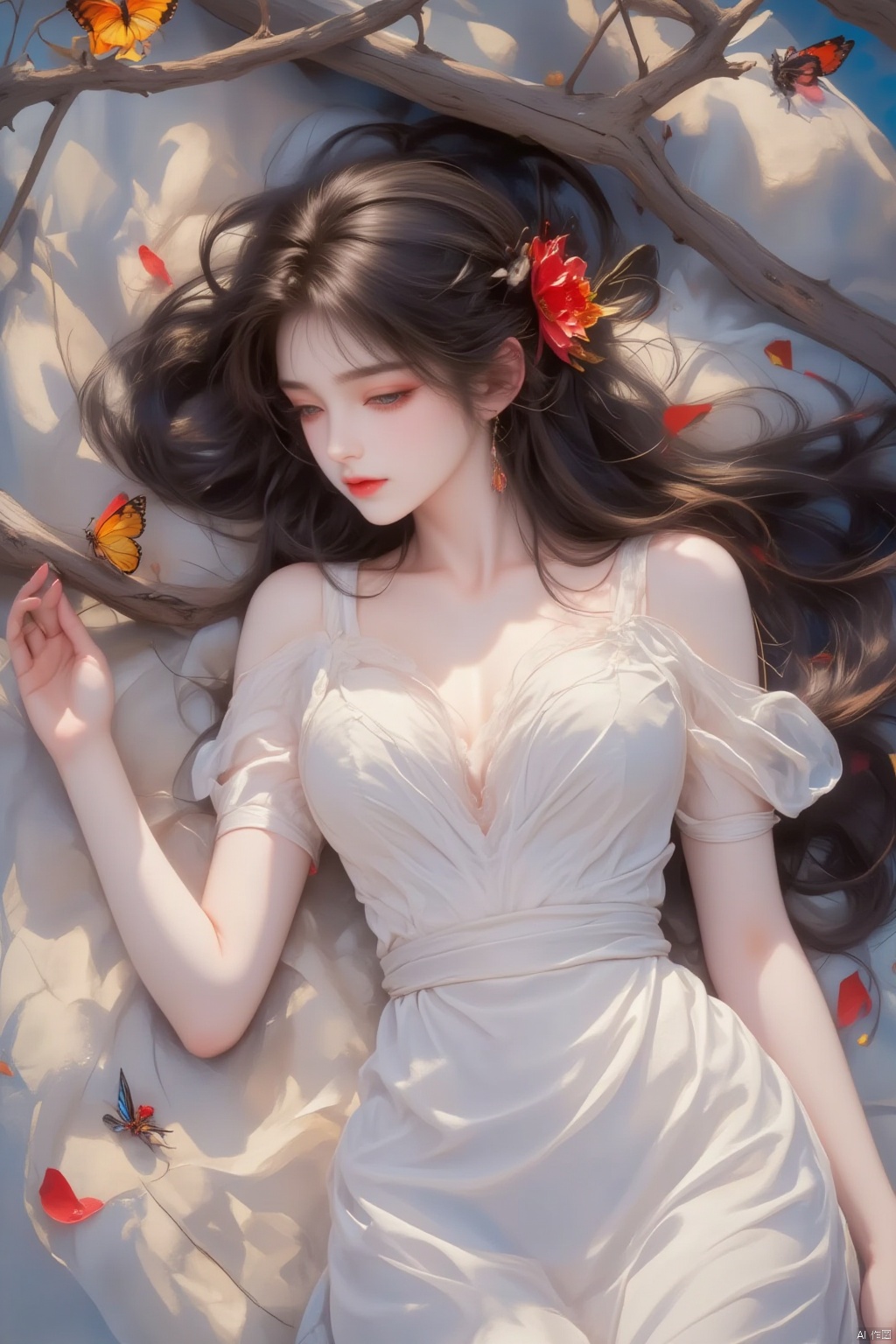  8K image.black hair,GG,1girl, solo, long hair, brown hair, hair ornament, dress, jewelry, flower, earrings, lying, white dress, petals, on side, bug, butterfly, branch