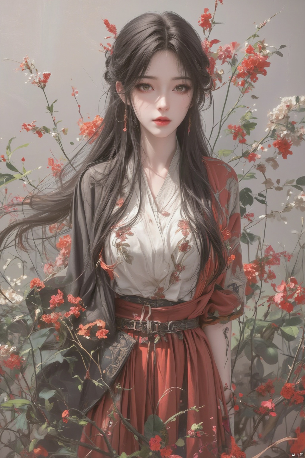 1girl, solo, long hair, skirt, black hair, flower, lips, plant, realistic