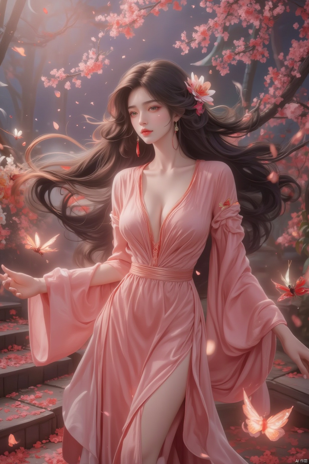 masterpiece,best quality,extremely high detailed,intricate,8k,HDR,wallpaper,cinematic lighting,(universe:1.4),Huge chest,,GF,火灵儿Flux-起风了,1girl, solo, long hair, breasts, brown hair, black hair, hair ornament, long sleeves, dress, cleavage, jewelry, flower, earrings, wide sleeves, petals, chinese clothes, bug, butterfly, stairs, falling petals
