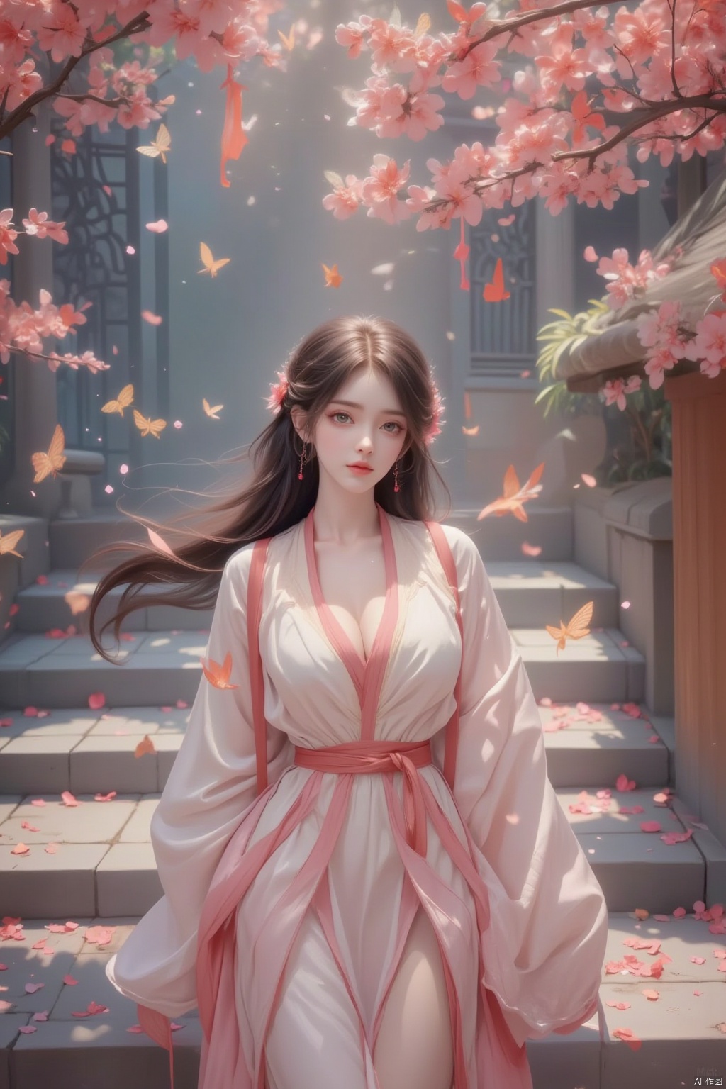  8K image.black hair,GG,1girl, solo, long hair, breasts, brown hair, black hair, hair ornament, long sleeves, dress, cleavage, jewelry, flower, earrings, wide sleeves, petals, chinese clothes, bug, butterfly, stairs, falling petals,起风了古风,chinese clothes