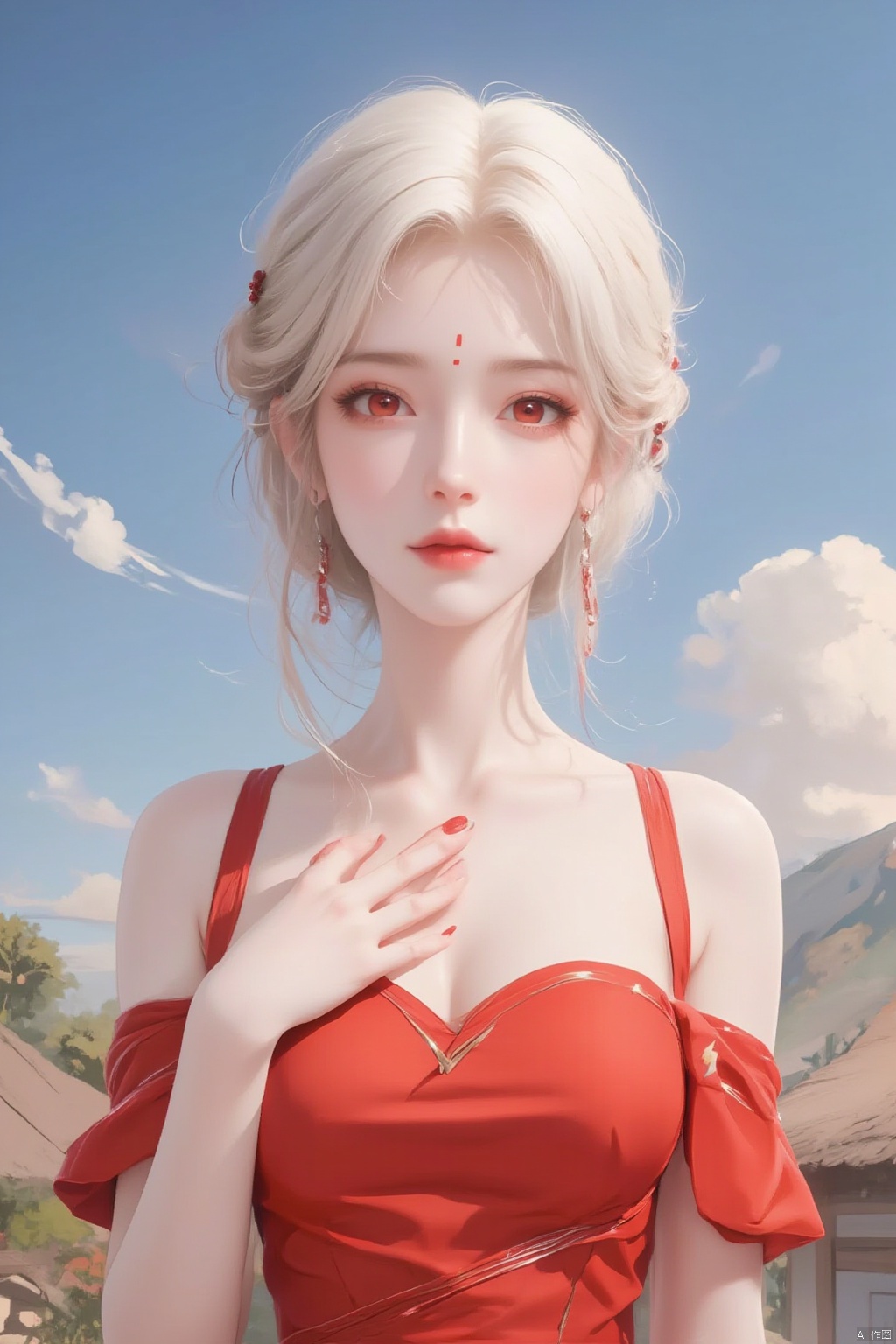 1girl, solo, breasts, looking at viewer, hair ornament, red eyes, dress, bare shoulders, jewelry, collarbone, upper body, white hair, earrings, outdoors, parted lips, detached sleeves, sky, day, cloud, blue sky, sash, strapless, tattoo, facial mark, red dress, hand on own chest, strapless dress, forehead mark, sun, red lips