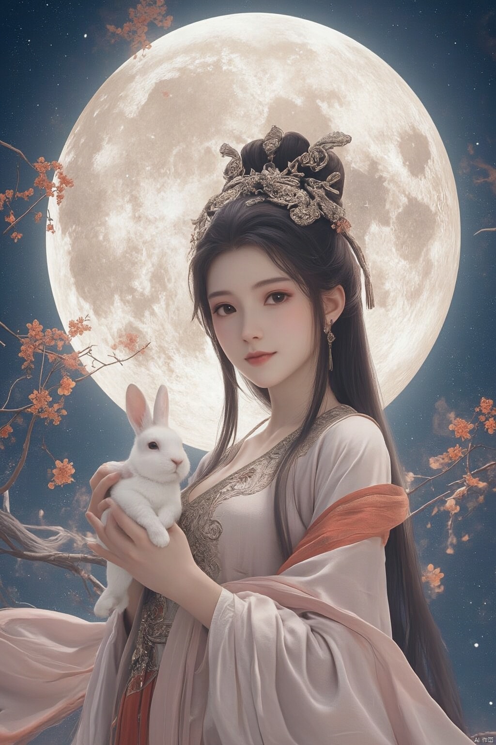 Best quality, Realistic, photorealistic, masterpiece,In the style of illustration, a mythical woman Chang 'e holds a white rabbit in her hands, with a full moon and an osmanthus tree behind her,Xyunxiao,(big breasts:1.99),Xxiaolongnv,Xyuanyao,Xtifa