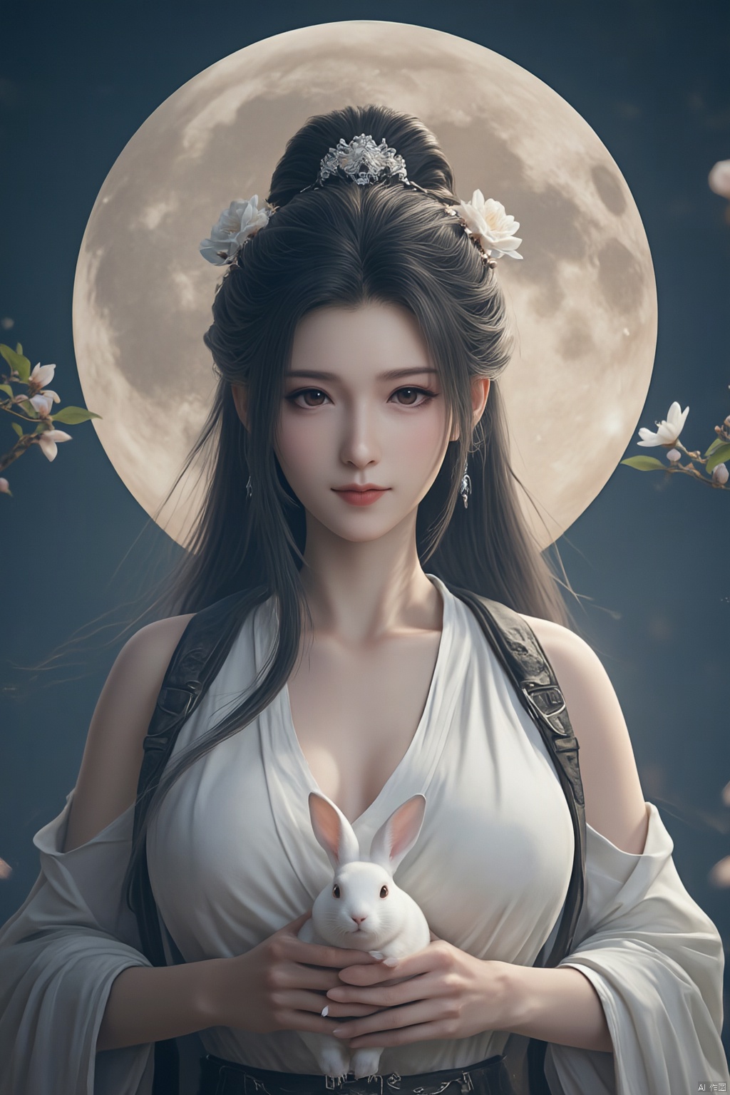 Best quality, Realistic, photorealistic, masterpiece,In the style of illustration, a mythical woman Chang 'e holds a white rabbit in her hands, with a full moon and an osmanthus tree behind her,Xyunxiao,(big breasts:1.99),Xxiaolongnv,Xyuanyao,Xtifa,XAerith