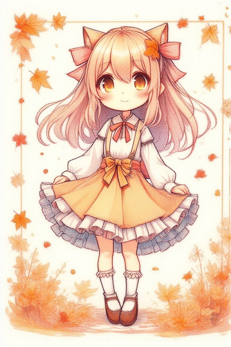A delicate autumnal scene unfolds: a kawaii girl,  her hair a warm honey hue,  stands amidst rustling leaves on Tensor.Art
