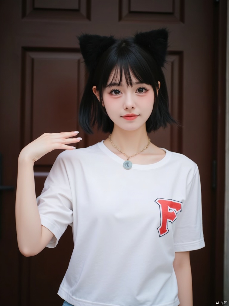 A girl with cute cat ears,A close-up shot frames the Asian woman standing confidently in front of a dark brown door, her striking features illuminated by soft, warm lighting. She wears a crisp white t-shirt and a red-lettered 'F' skirt, with her short, dark hair styled neatly. Her piercing blue eyes seem to sparkle, as she raises her left hand to the air, adding a burst of vibrant color to the composition.