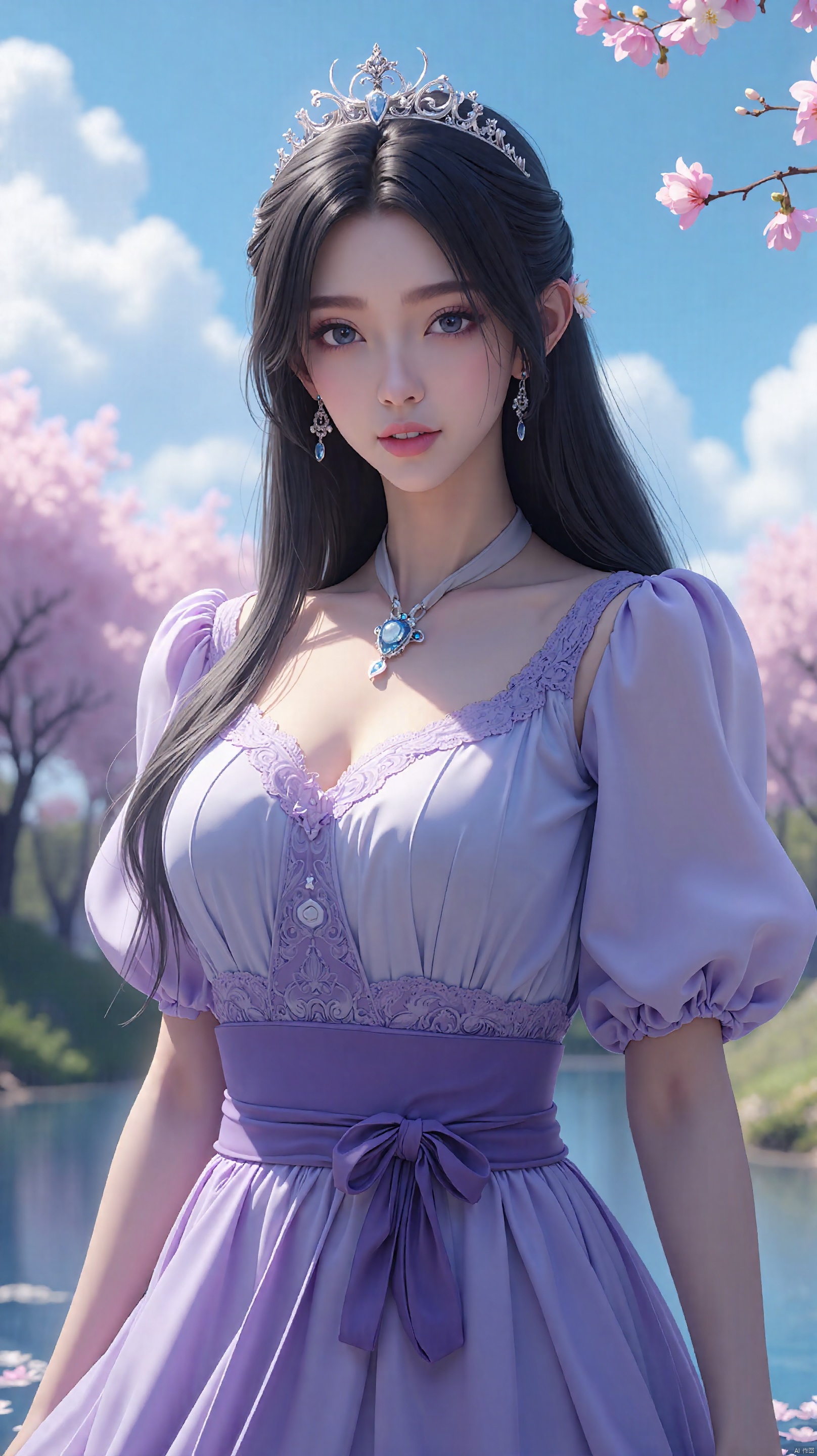 masterpiece,best quality,official art,extremely detailed CG unity 8k wallpaper,realistic,light rays,light particles,,1girl,solo,breasts,black_hair,tiara,cleavage,long_hair,blue_eyes,jewelry,medium_breasts,mole under eye,purple dress,purple detachable sleeves,blue sky,white clouds,depth of field,blurred background,simple_background,minimalism,outdoor,open country,stream,lake,flowers fall,peach blossom,looking at viewer,cowboy shot,