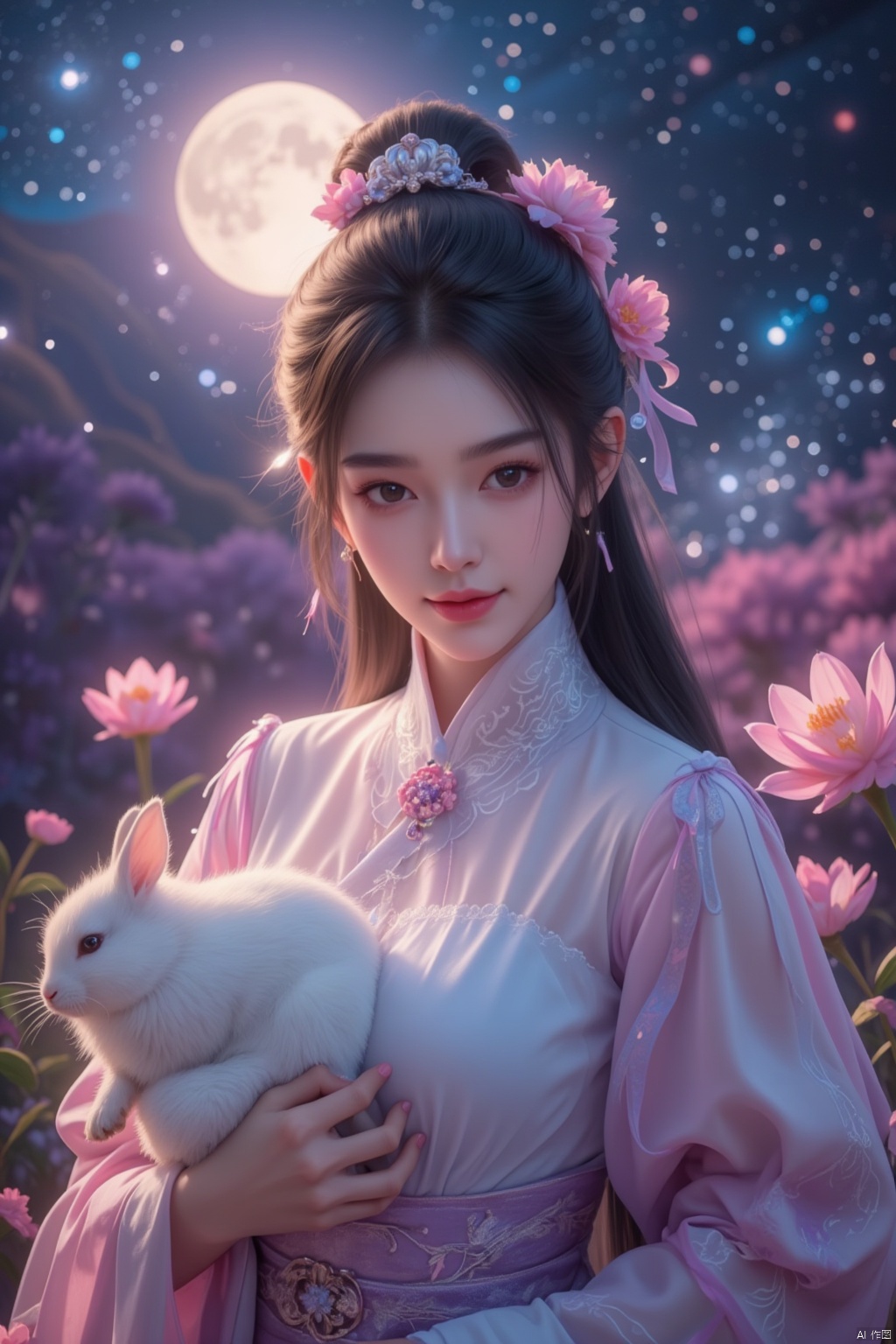 In a dreamlike scene, a woman embodying the Chang'e beauty stands out against a vibrant, fluorescent background teeming with stars. Her clean and beautiful face radiates serenity as she wears a kaleidoscope of colors that seem to shift and shimmer in harmony with the celestial bodies above. She holds a white rabbit close to her heart, while the glowing moon casts an ethereal light on the entire composition.