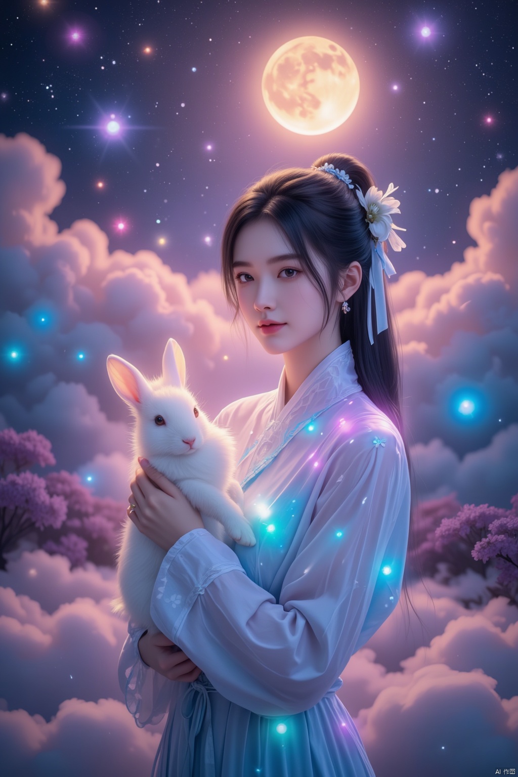 In a dreamlike scene, a woman embodying the Chang'e beauty stands out against a vibrant, fluorescent background teeming with stars. Her clean and beautiful face radiates serenity as she wears a kaleidoscope of colors that seem to shift and shimmer in harmony with the celestial bodies above. She holds a white rabbit close to her heart, while the glowing moon casts an ethereal light on the entire composition.