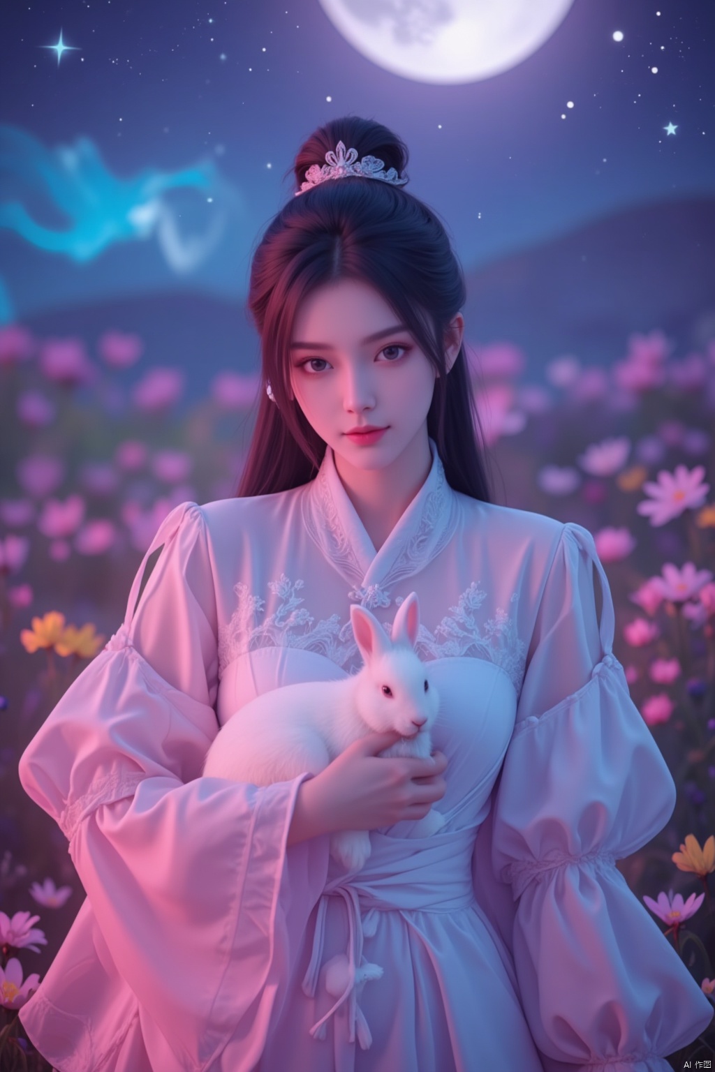In a dreamlike scene, a woman embodying the Chang'e beauty stands out against a vibrant, fluorescent background teeming with stars. Her clean and beautiful face radiates serenity as she wears a kaleidoscope of colors that seem to shift and shimmer in harmony with the celestial bodies above. She holds a white rabbit close to her heart, while the glowing moon casts an ethereal light on the entire composition.
