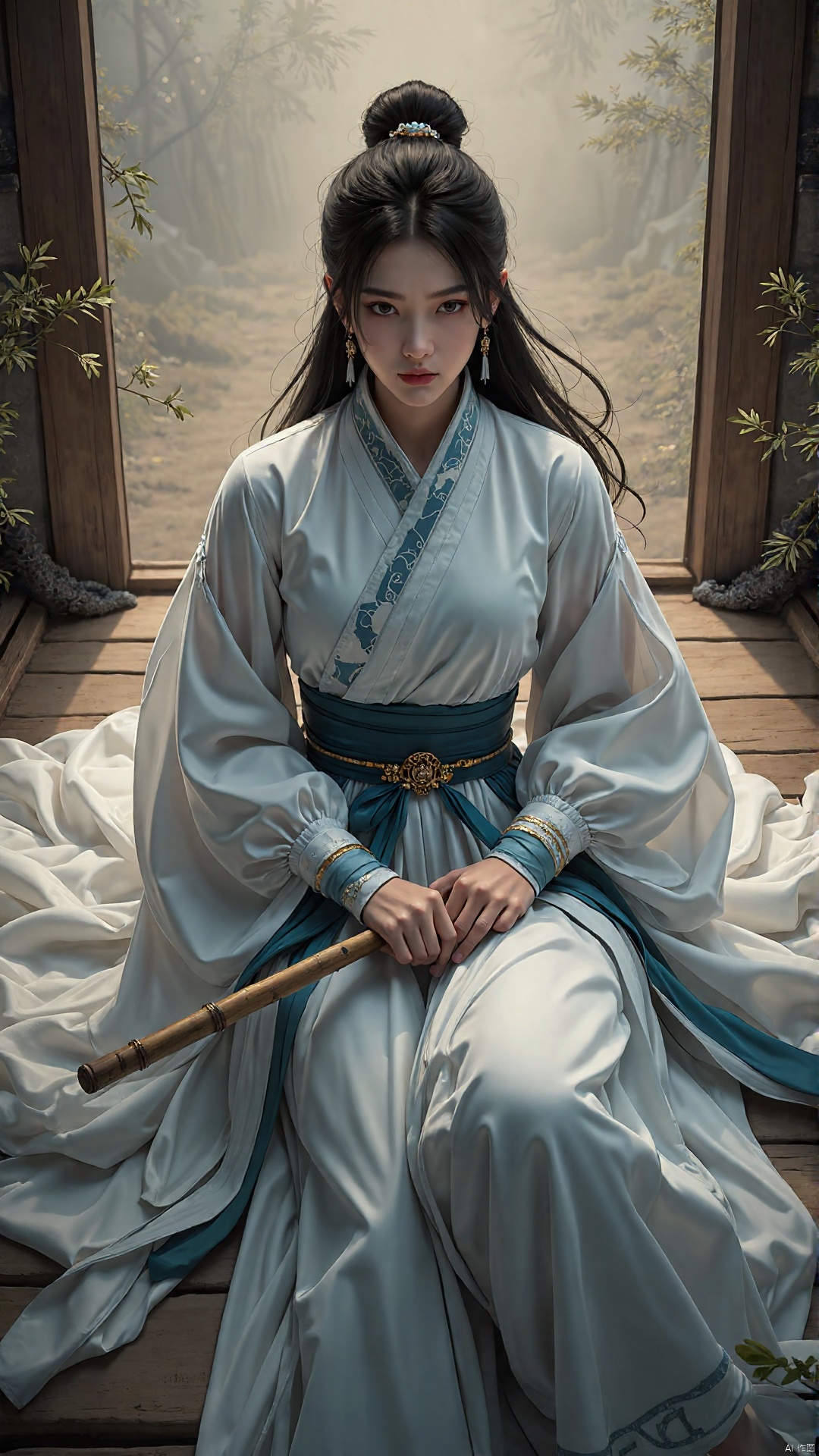 XUER martial arts style,1girl,solo,long hair,black hair,hair ornament,long sleeves,holding,jewelry,sitting,full body,weapon,earrings,hair bun,white dress,sash,from above,chinese clothes,single hair bun,bamboo,reverse grip,,highly detailed,ultra-high resolution,32K UHD,low saturations,dim lighting,extremely beautiful skin,natural skin texture,high detailed skin,(detailed skin:1.5),photorealistic,extreme detail,lifelike,crisp,precise,35mm photograph,film,bokeh,professional,highly detailed,A shot with tension,(Visual impact,giving the poster a dynamic and visually striking appearance:1.2),impactful picture,offcial art,colorful,splash of color,movie perspective,very aesthetic,disheveled hair,perfect composition,moist skin,intricate details,moody,epic,photorealistic,color graded cinematic,atmospheric lighting,award winning photo,film grain,