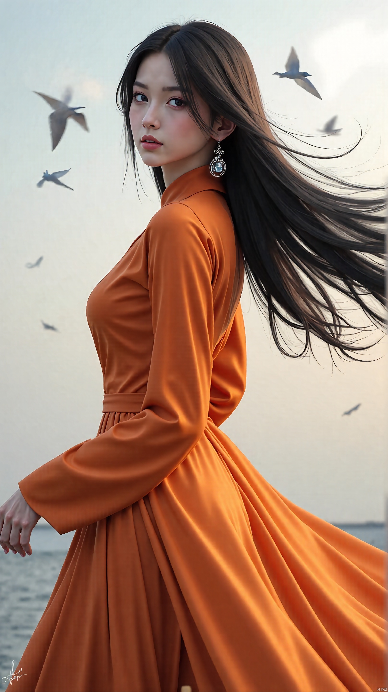 1girl, long hair, solo, jewelry, black hair, earrings, dress, orange dress, looking at viewer, wind, bird, long sleeves, looking back, standing, outdoors, parted lips