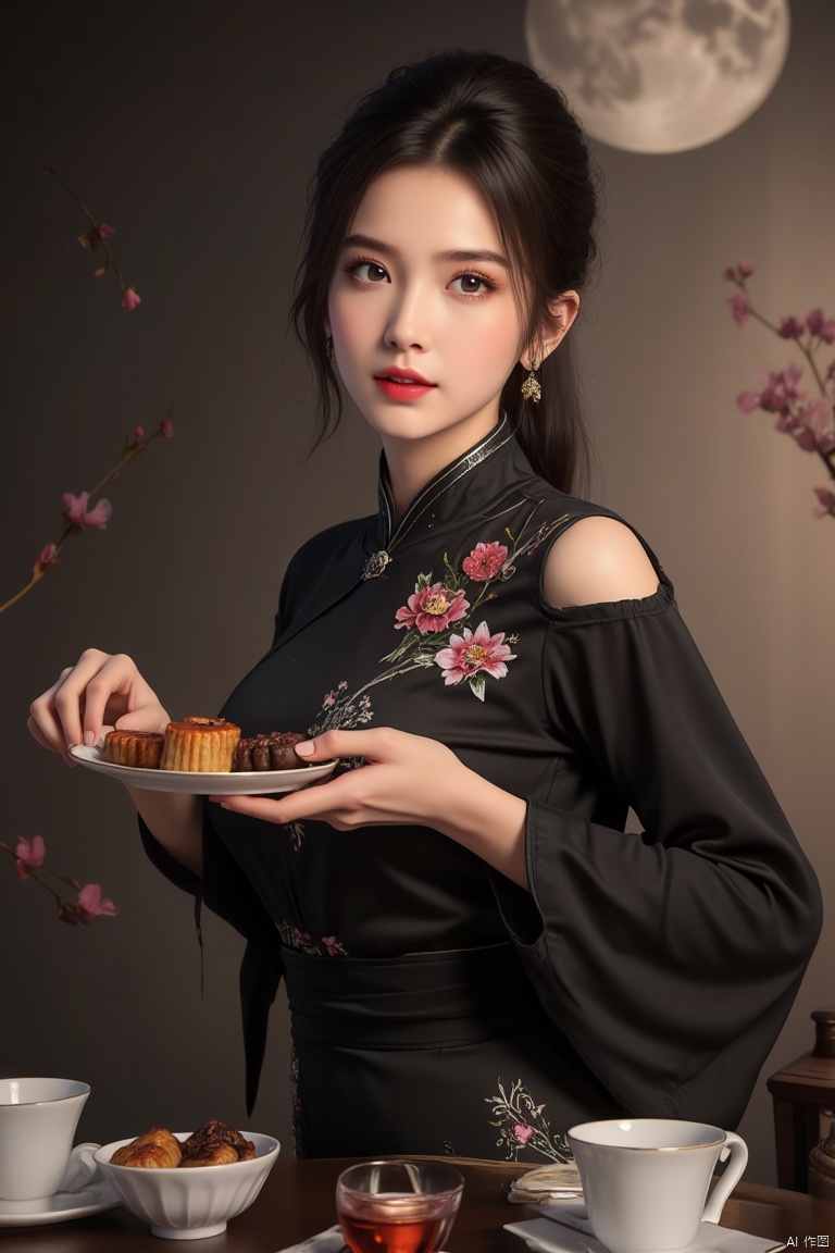 Portrait photography, a beautiful woman in black kimono adorned with flowers. is wearing a black cheongsam, holding a plate of mooncakes in her hand, a tea set on the table, Off shoulder,sexy