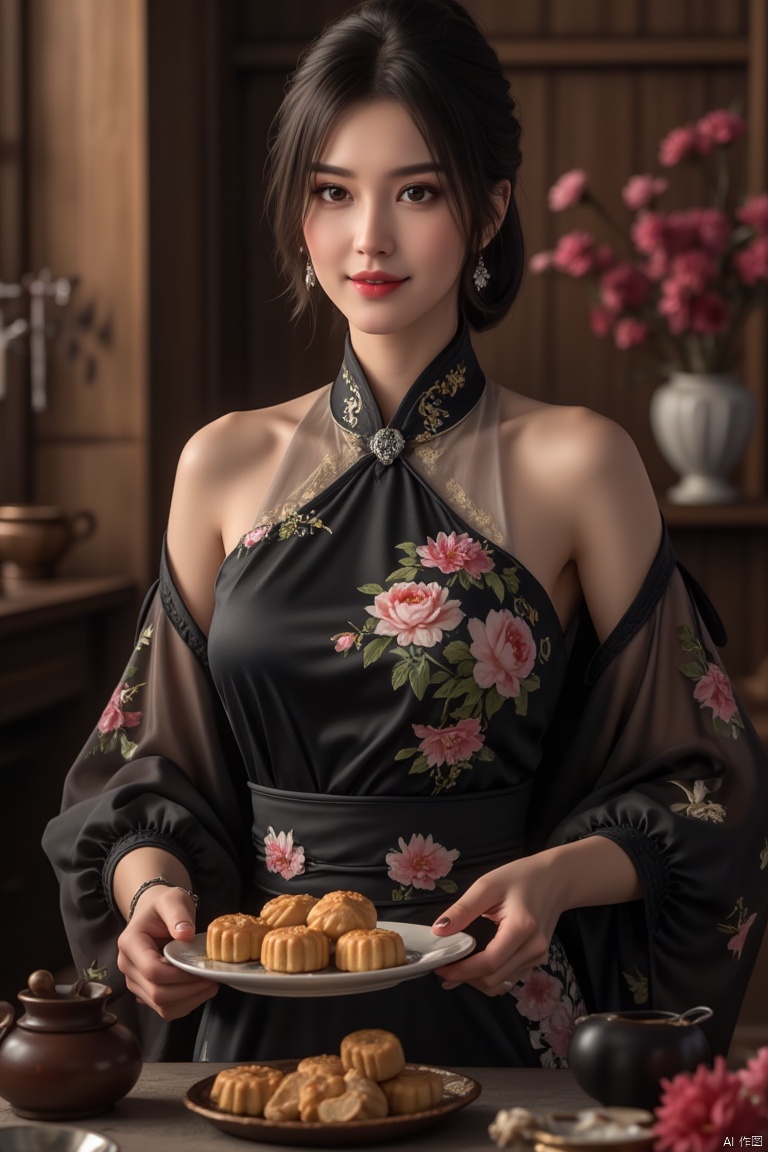 Portrait photography, a beautiful woman in black kimono adorned with flowers. is wearing a black cheongsam, holding a plate of mooncakes in her hand, a tea set on the table, Off shoulder,sexy