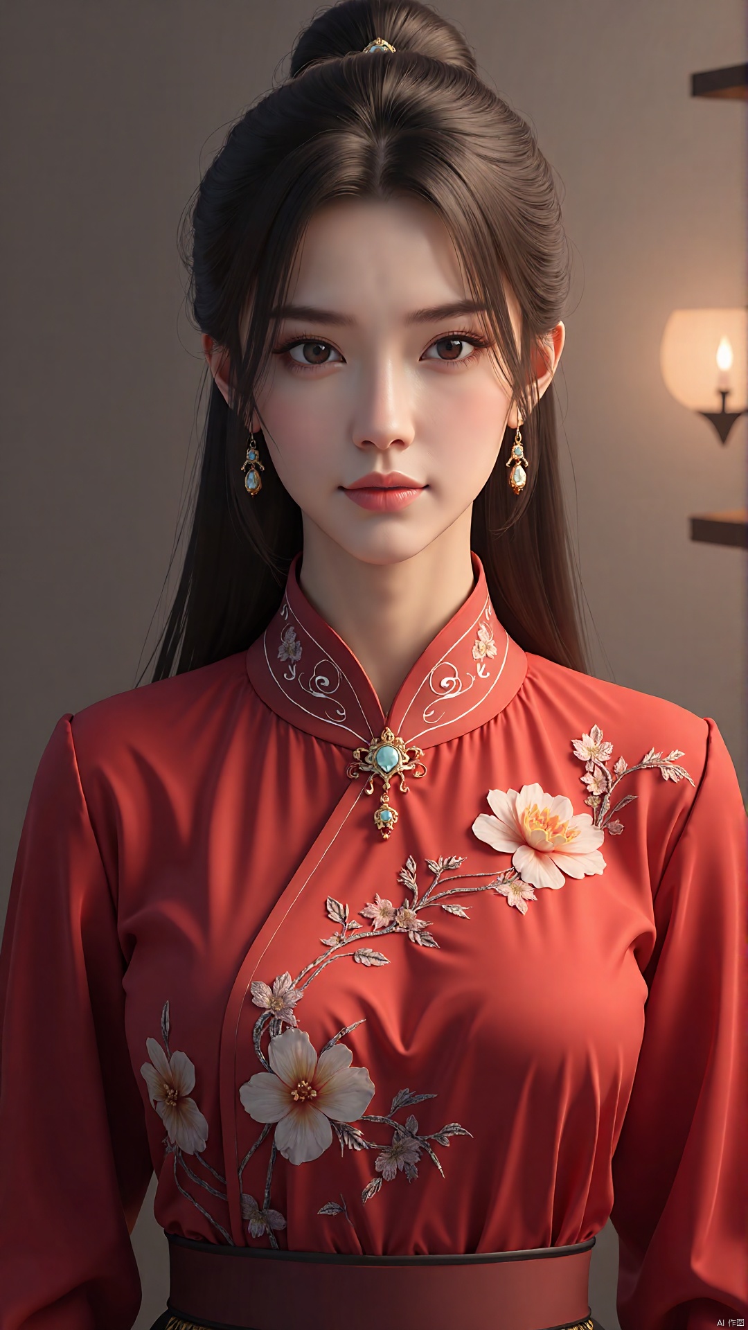SFW,(masterpiece:1.2),best quality,absurdres,masterpiece,original,extremely detailed wallpaper,perfect lighting,(extremely detailed CG:1.2),1girl,solo,long hair,brown hair,long sleeves,dress,jewelry,closed mouth,upper body,earrings,chinese clothes,red dress,