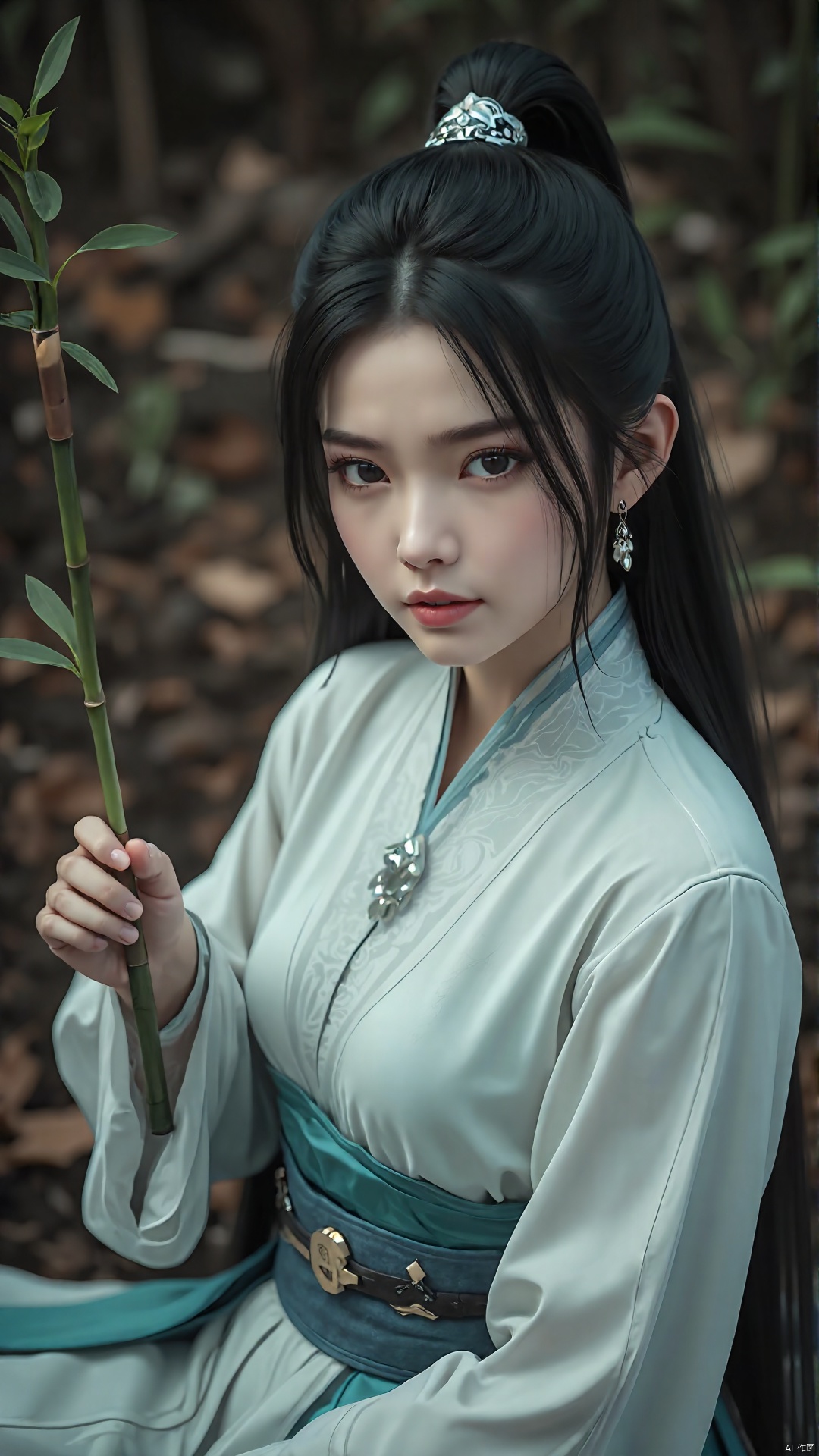 XUER martial arts style,1girl,solo,long hair,black hair,hair ornament,long sleeves,holding,jewelry,sitting,full body,weapon,earrings,hair bun,white dress,sash,from above,chinese clothes,single hair bun,bamboo,reverse grip,,highly detailed,ultra-high resolution,32K UHD,low saturations,dim lighting,extremely beautiful skin,natural skin texture,high detailed skin,(detailed skin:1.5),photorealistic,extreme detail,lifelike,crisp,precise,35mm photograph,film,bokeh,professional,highly detailed,A shot with tension,(Visual impact,giving the poster a dynamic and visually striking appearance:1.2),impactful picture,offcial art,colorful,splash of color,movie perspective,very aesthetic,disheveled hair,perfect composition,moist skin,intricate details,moody,epic,photorealistic,color graded cinematic,atmospheric lighting,award winning photo,film grain,