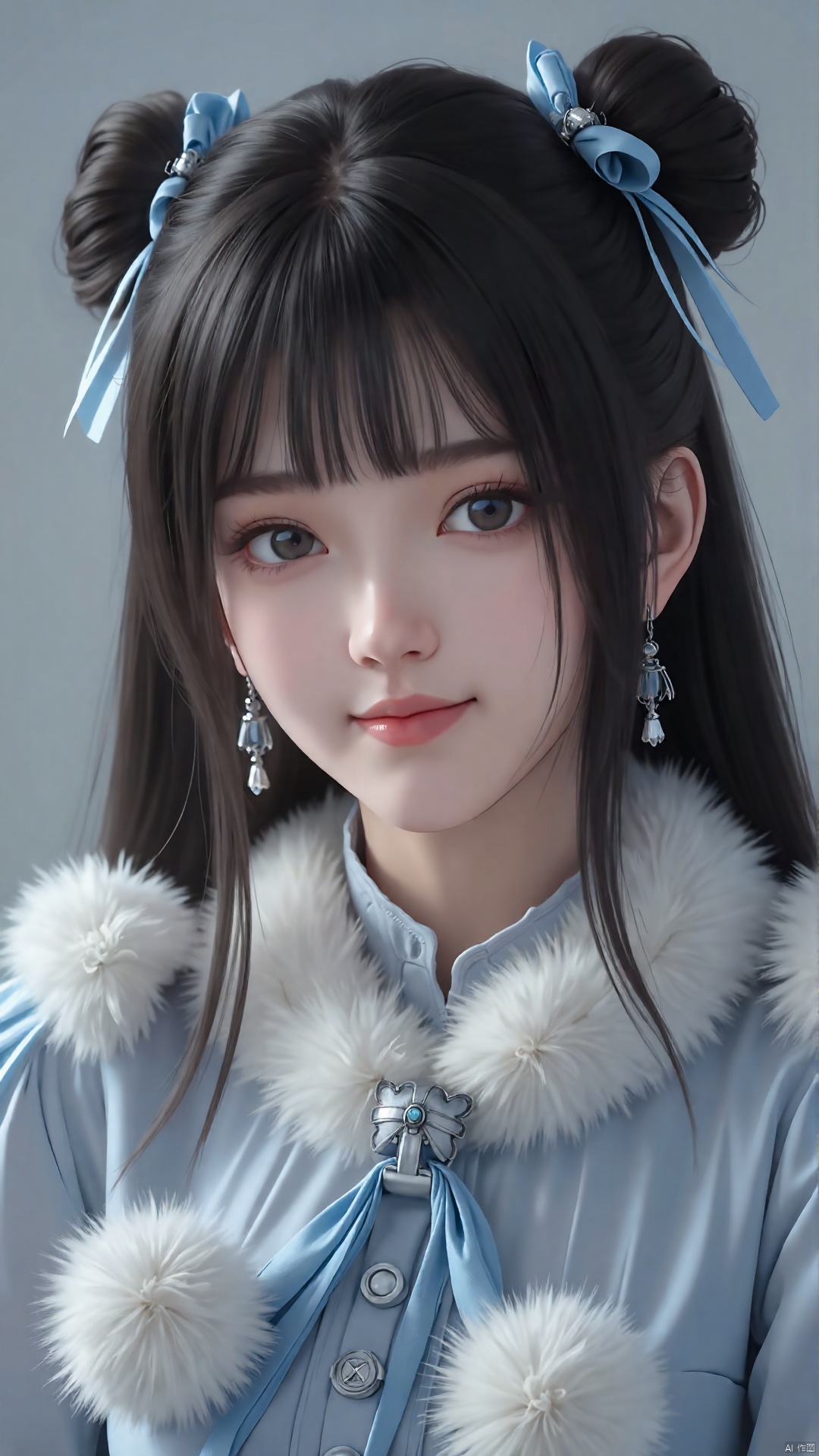 lips,brown eyes, grey eyes,nose,long hair,bangs,ribbon,double bun,hair ornament, blunt bangs, long sleeves,realistic,black hair, tassel,ribbon, smile, blue eyes,hair bun, shirt, puffy sleeves, puffy long sleeves, pom pom (clothes),fur trim,