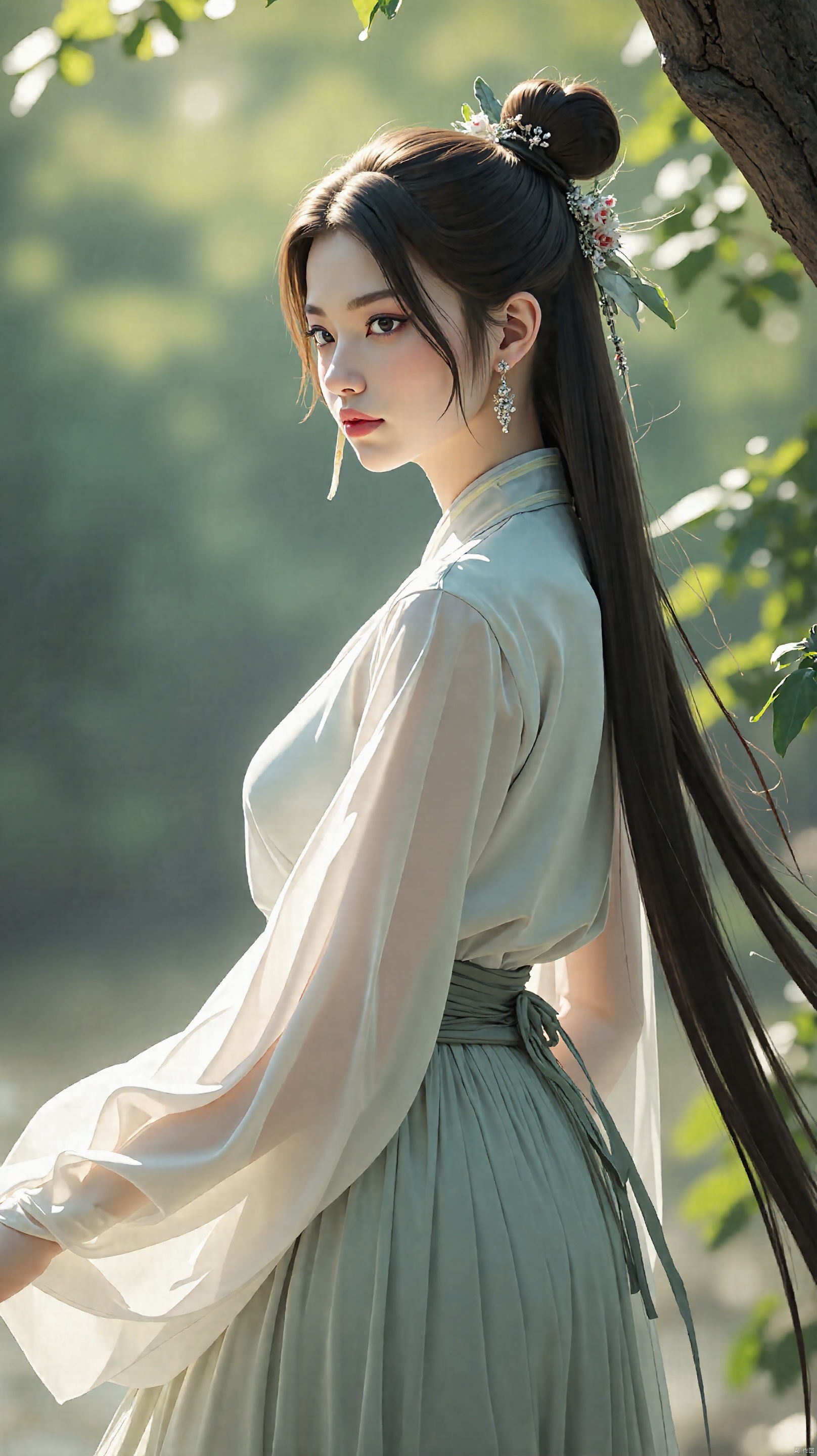1girl,very long hair,light tulle long skirt,fair_skin,,surume \(clavis\),bare shoulders,ultra realistic 8k cg,picture-perfect face,flawless,masterpiece,professional artwork,(famous artwork),fantasy,unreal,beautiful clothes,very long hair,hair ornament,closed mouth,flower,earrings,outdoors,hair bun,tree,facial mark,single hair bun,personification,((wash painting)),((ink s...)),((classicism)),available light,realistic,unbuttoned clothes,narrow_waist,light_blush,(detailed light) , feather, leaves, nature, (sunlight), river, (forest),(bloom),, High-definition quality,Exceptional clari,Exquisite detail,Vivid colors,Lifelike realism,Stunning visuals,Ultra-high resolution,Wide viewing angle,Delicate texture,Impressive motion effects,(Professional color grading:0.9),Lossless compression,Long-lasting durability,Easy operation,Intelligent optimization,User-friendly design,Eco-friendly and energy-saving,table and reliable performance,Cost-effective,
