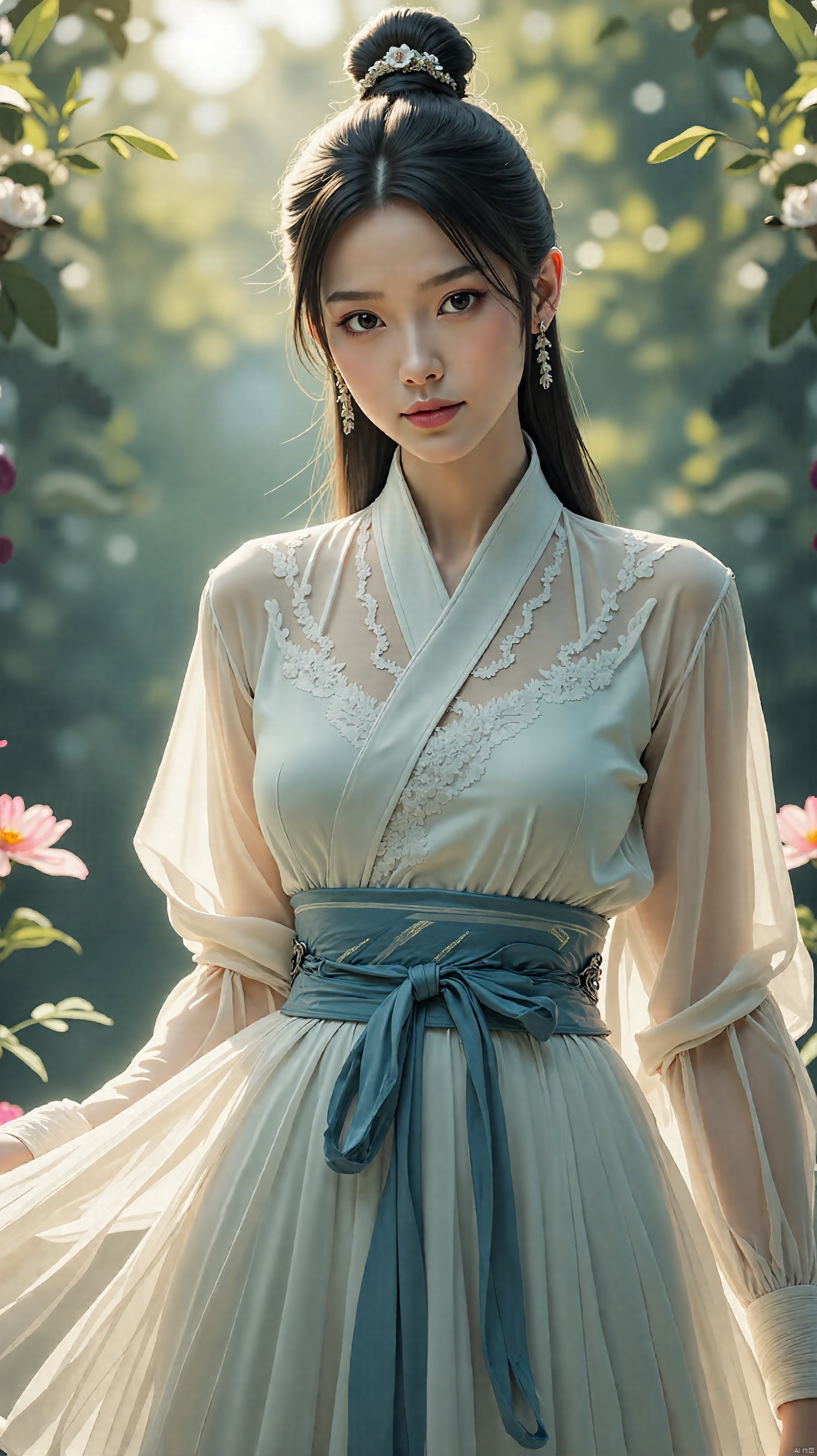 1girl,very long hair,light tulle long skirt,fair_skin,,surume \(clavis\),bare shoulders,ultra realistic 8k cg,picture-perfect face,flawless,masterpiece,professional artwork,(famous artwork),fantasy,unreal,beautiful clothes,very long hair,hair ornament,closed mouth,flower,earrings,outdoors,hair bun,tree,facial mark,single hair bun,personification,((wash painting)),((ink s...)),((classicism)),available light,realistic,unbuttoned clothes,narrow_waist,light_blush,(detailed light) , feather, leaves, nature, (sunlight), river, (forest),(bloom),, High-definition quality,Exceptional clari,Exquisite detail,Vivid colors,Lifelike realism,Stunning visuals,Ultra-high resolution,Wide viewing angle,Delicate texture,Impressive motion effects,(Professional color grading:0.9),Lossless compression,Long-lasting durability,Easy operation,Intelligent optimization,User-friendly design,Eco-friendly and energy-saving,table and reliable performance,Cost-effective,