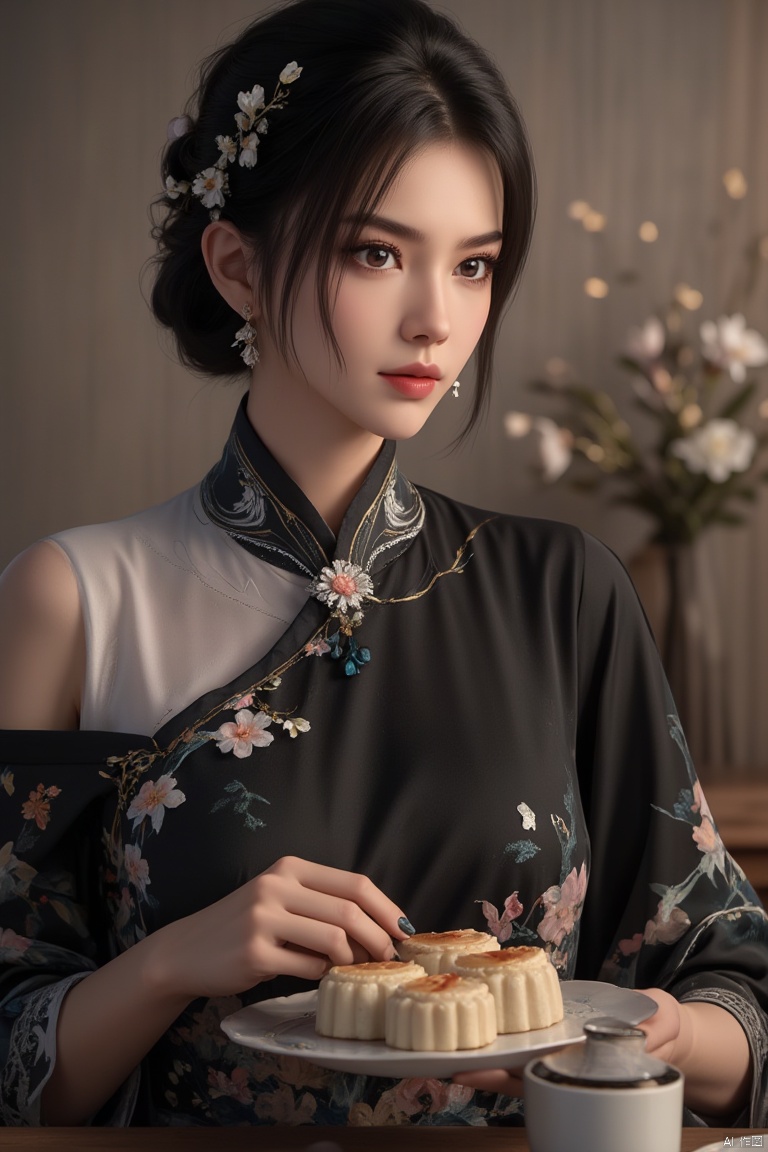 Portrait photography, a beautiful woman in black kimono adorned with flowers. is wearing a black cheongsam, holding a plate of mooncakes in her hand, a tea set on the table, Off shoulder,sexy