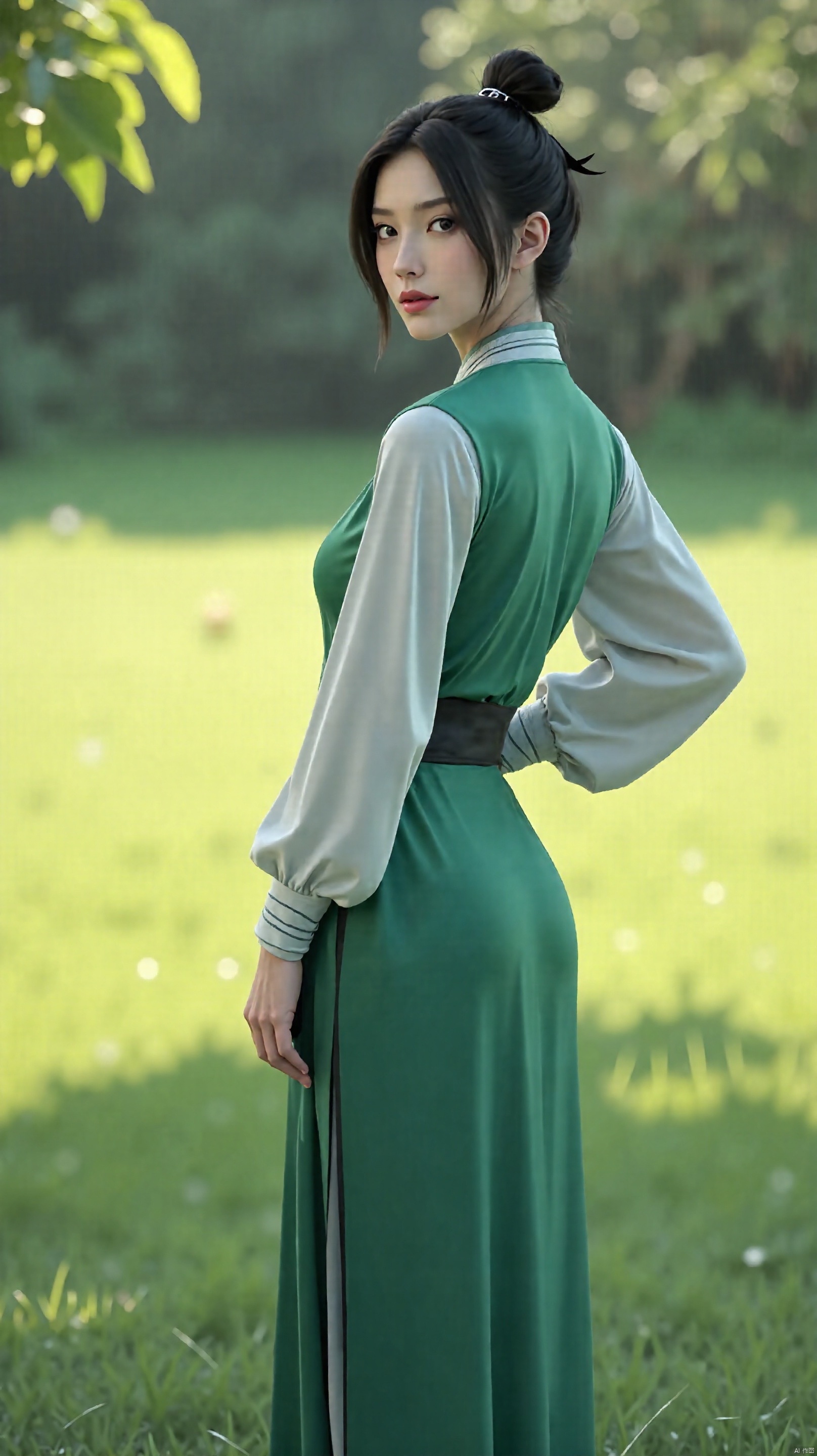 1girl, solo, hair bun, black hair, chinese clothes, green dress, dress, long sleeves, single hair bun, outdoors, nature, looking at viewer, from side, hair ornament, standing, grass