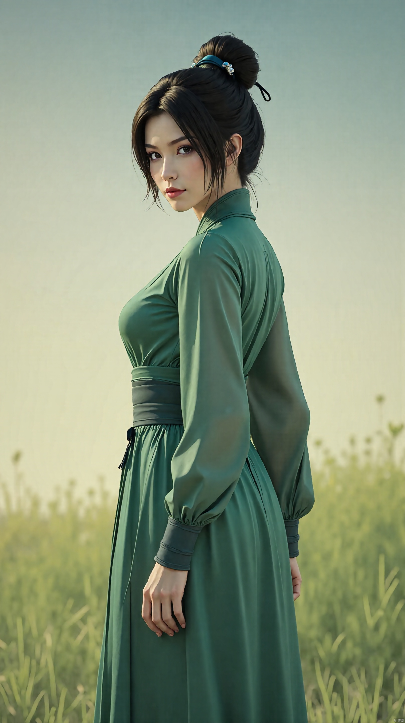 1girl, solo, hair bun, black hair, chinese clothes, green dress, dress, long sleeves, single hair bun, outdoors, nature, looking at viewer, from side, hair ornament, standing, grass