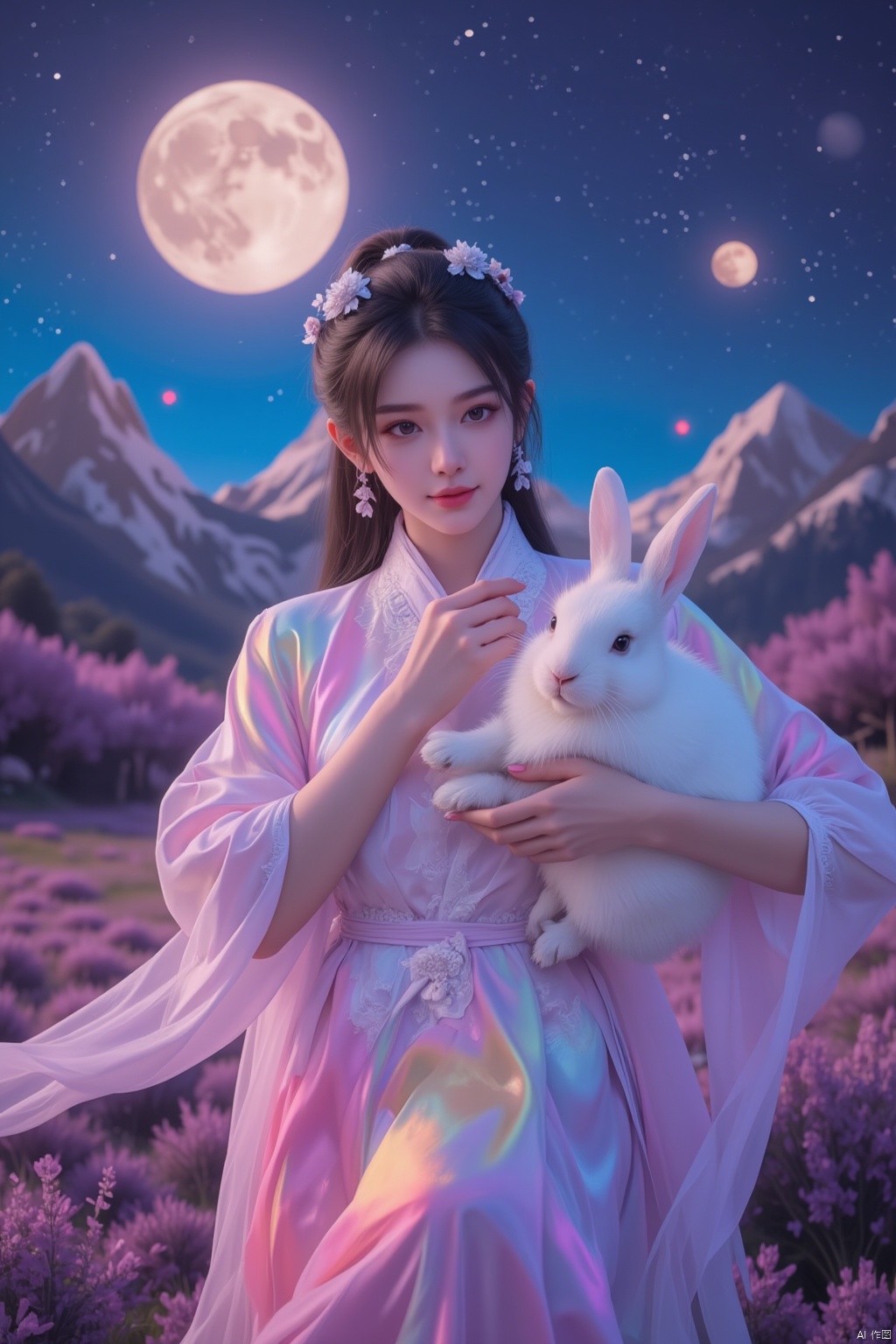 In a dreamlike scene, a woman embodying the Chang'e beauty stands out against a vibrant, fluorescent background teeming with stars. Her clean and beautiful face radiates serenity as she wears a kaleidoscope of colors that seem to shift and shimmer in harmony with the celestial bodies above. She holds a white rabbit close to her heart, while the glowing moon casts an ethereal light on the entire composition.